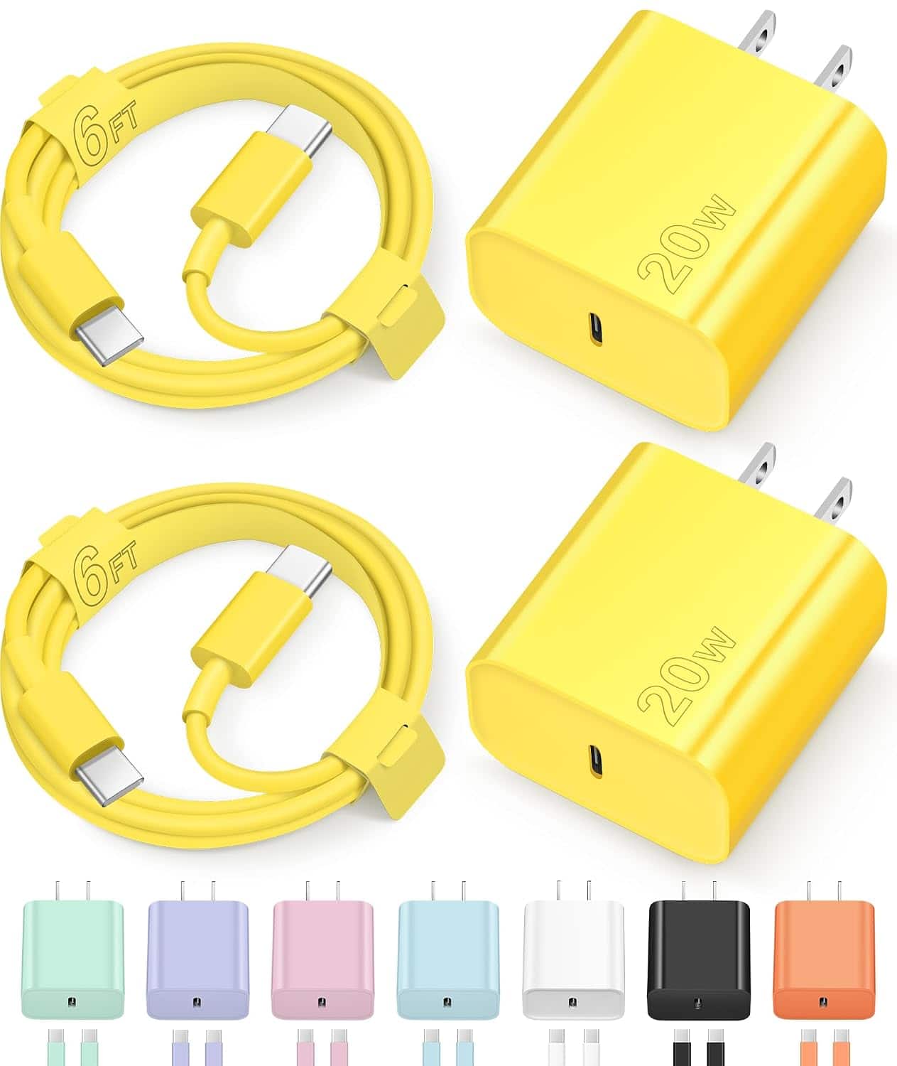 Luckbyte - 20W USB-C Wall Charger 2 Pack with 2 6FT USB-C to USB-C Cables, Fast Charging Block Set, Yellow