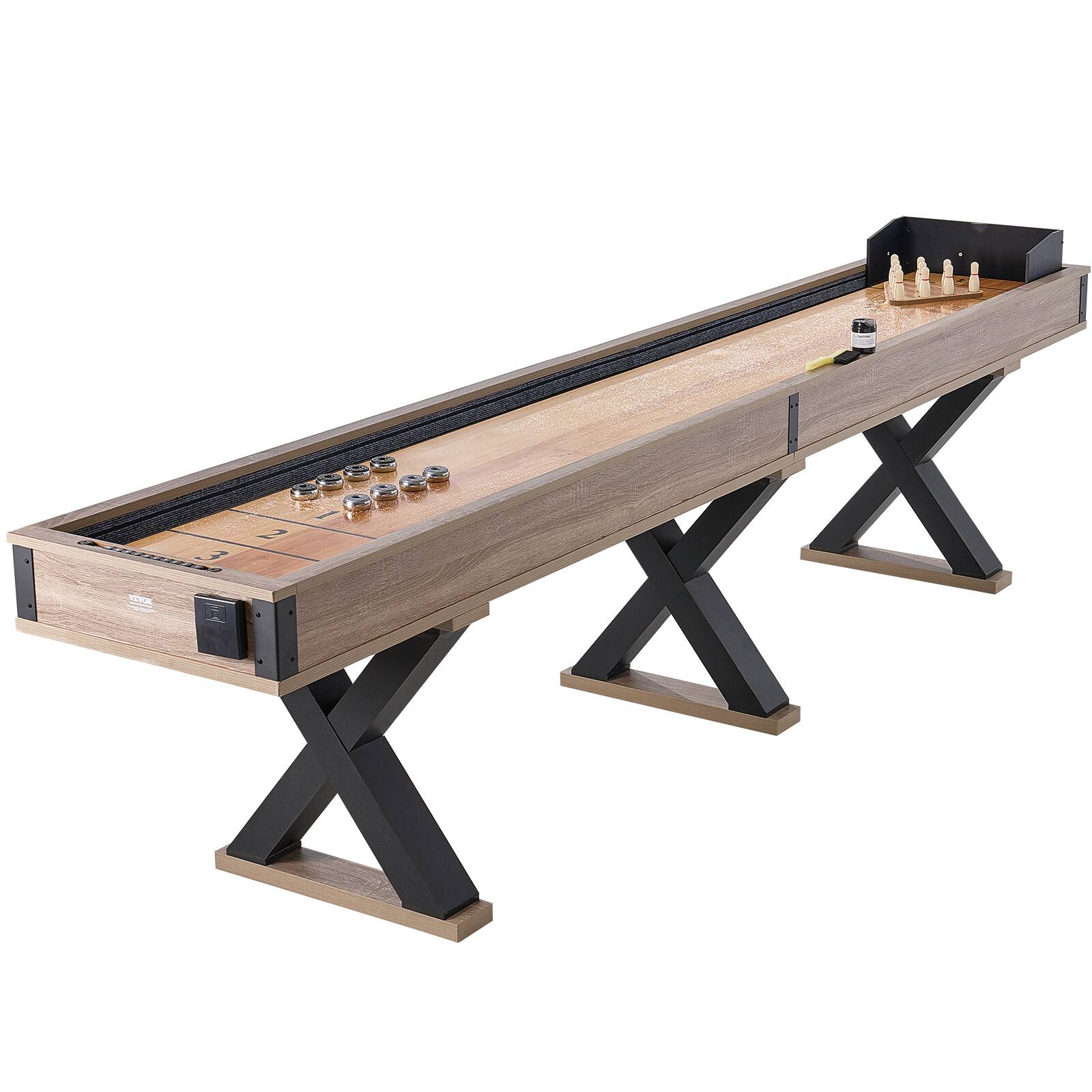 Front. VEVOR - Shuffleboard Table, 11.5 ft Shuffleboard for Family Game Rooms, 2 in 1 Shuffleboard and Bowling Combo Game Set - wood.