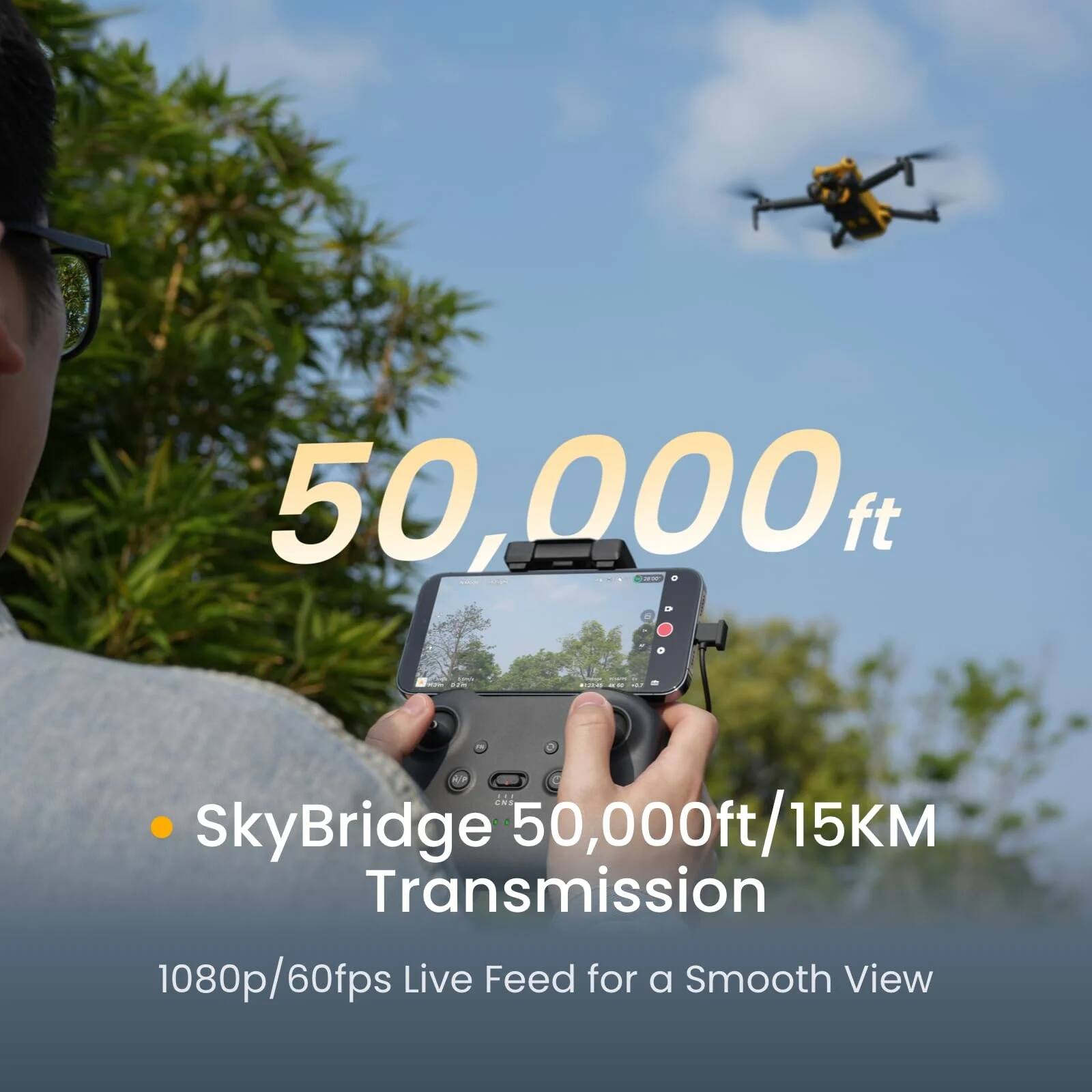 50,000 ft

- SkyBridge 50,000ft/15KM Transmission
- 1080p/60fps Live Feed for a Smooth View