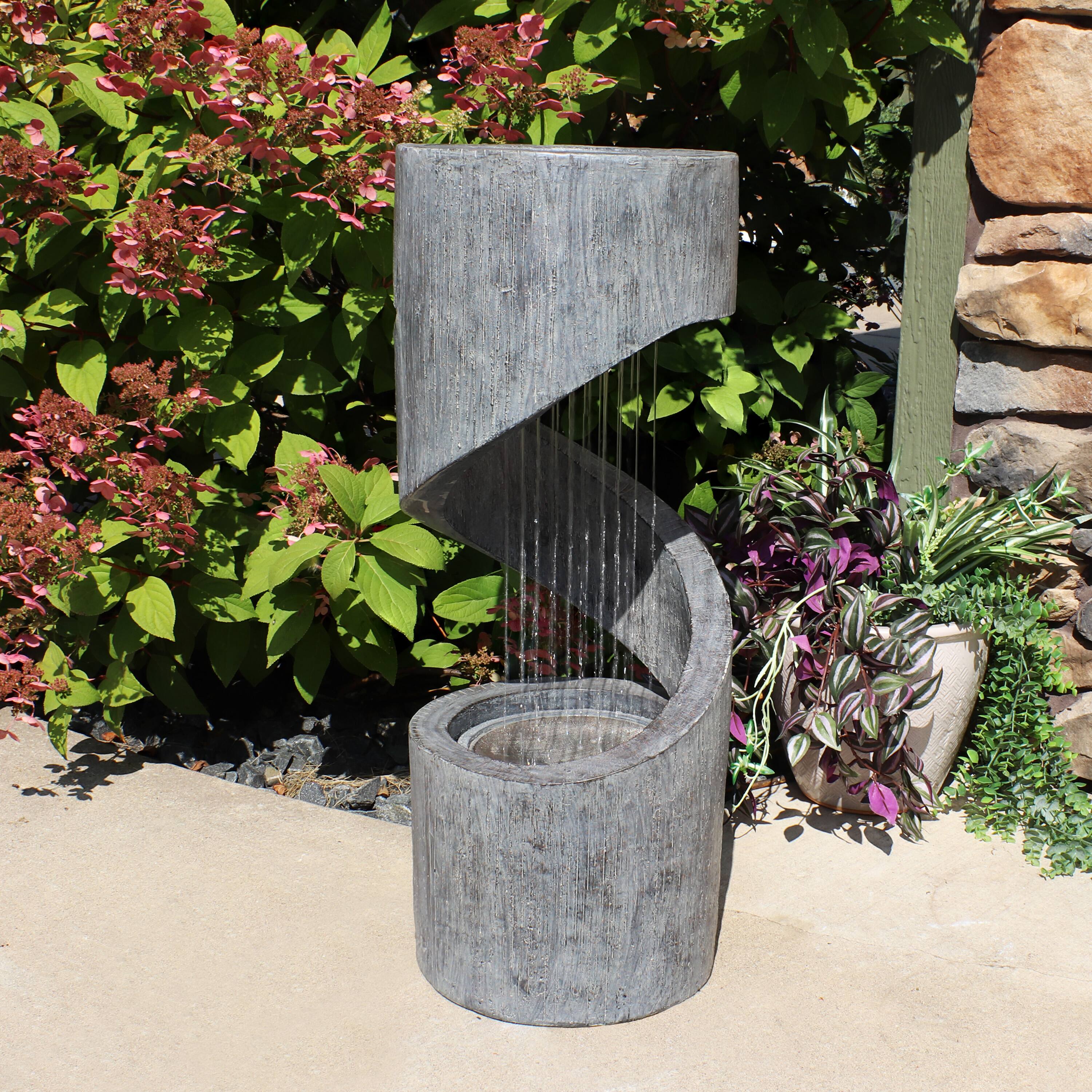 Alt View 3. Sunnydaze - Showering Spiral Outdoor Water Fountain with LED Lights - 31 in - Grey.