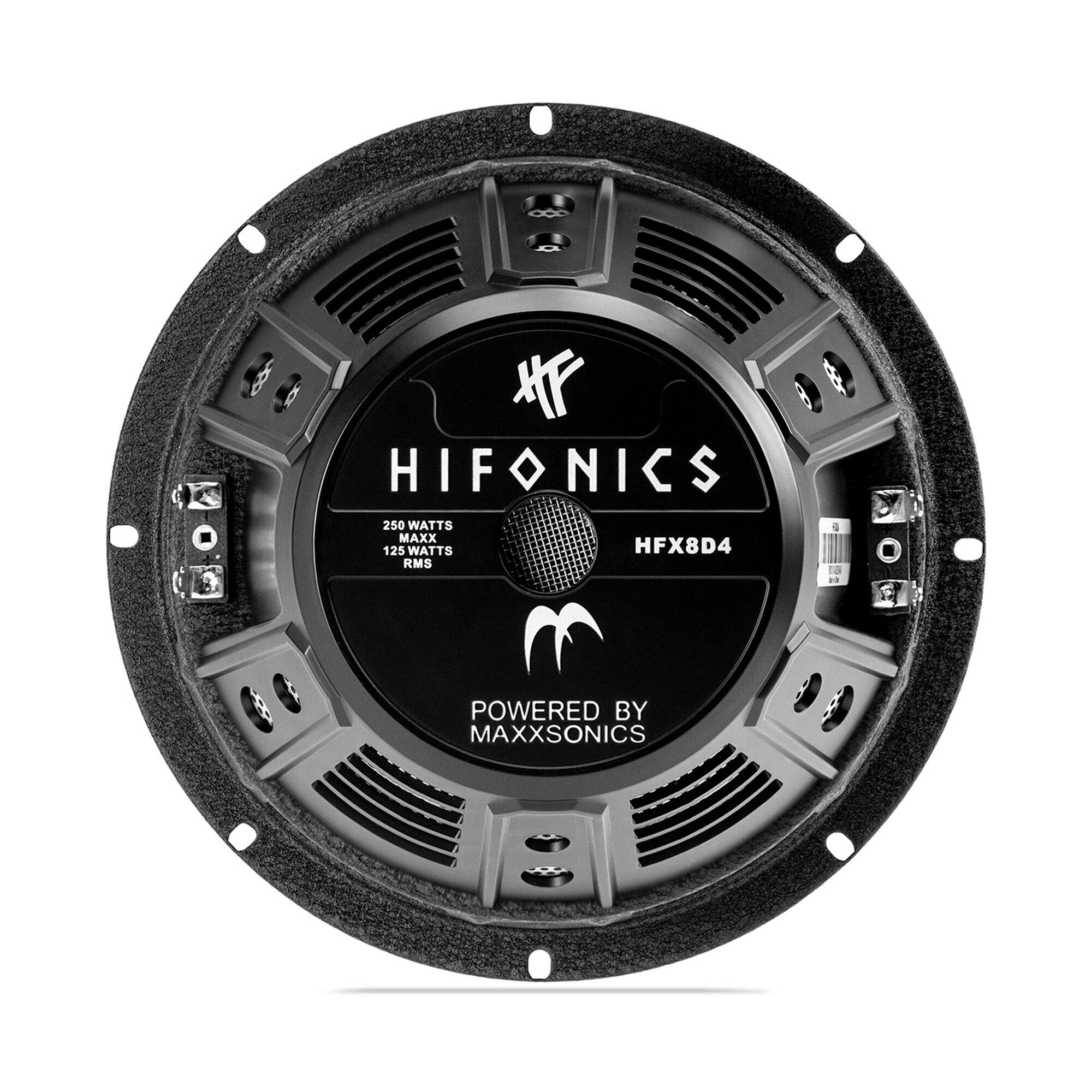 HIFONICS  
250 WATTS MAXX  
125 WATTS RMS  
HFX8D4  
POWERED BY MAXXSONICS