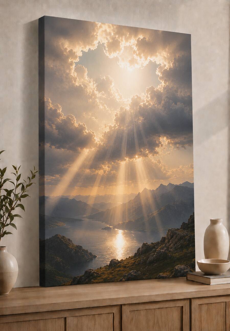 FC Design Large Heavenly Sun Rays Over Mountains Wall Art Canvas Print ...