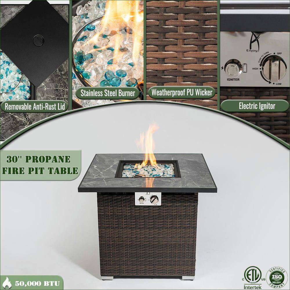Enjoy TUMN 2 PUS OFF HIIH Removable Anti-Rust Lid Stainless Steel Burner Weatherproof PU Wicker GNITER LOW Electric Ignitor 30" PROPANE FIRE PIT TABLE B 50,000 BTU CERTIFIED C ETL us -- Intertek COMPANT

- Removable Anti-Rust Lid
- Stainless Steel Burner
- Weatherproof PU Wicker
- Electric Ignitor
- 30" Propane Fire Pit Table
- 50,000 BTU
- Certified by Intertek
- ISO Certified