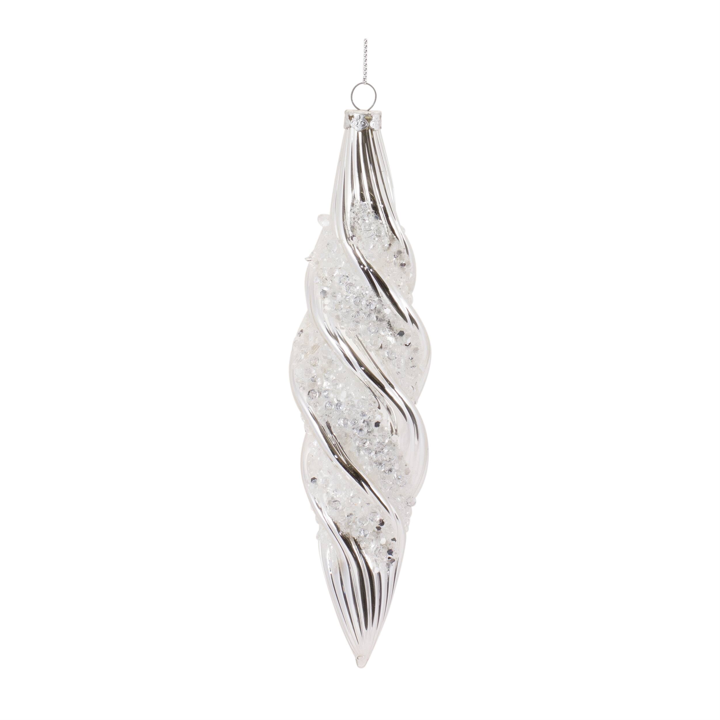 Back. BreeBe - Beaded Glass Swirl Ornament (Set of 6) - Silver, White.