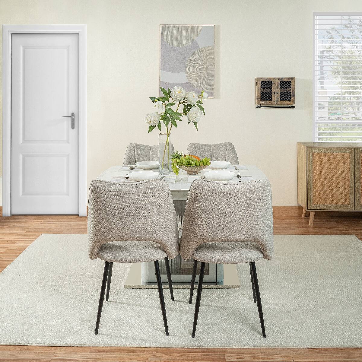 Back. Loheer - Loheer Extendable Rectangular Dining Table with White Marble Look and Storage Cabinet Base - White.