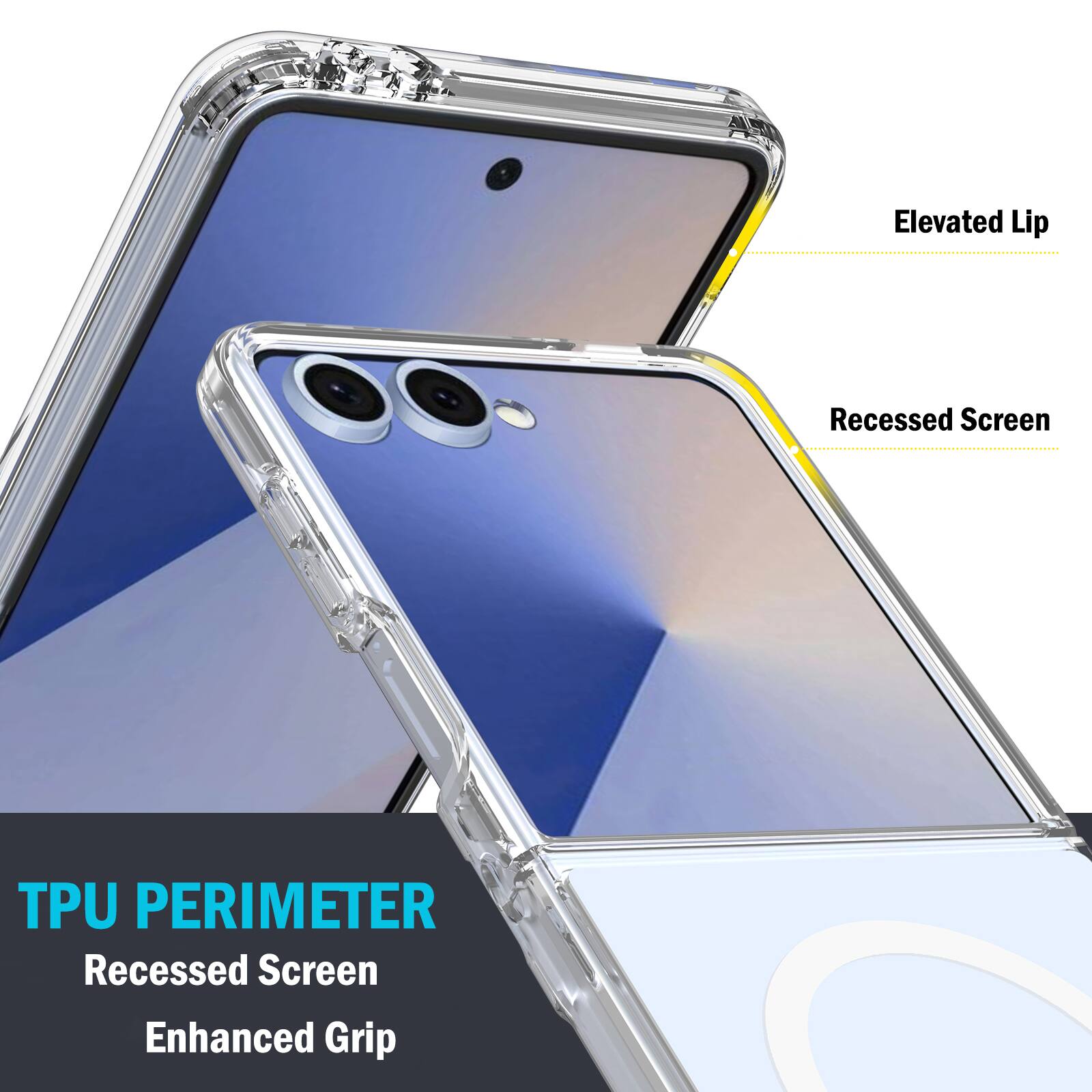 Elevated Lip  
Recessed Screen  
TPU PERIMETER  
Recessed Screen  
Enhanced Grip