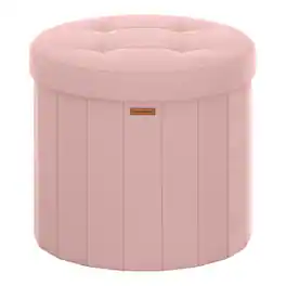 Songmics Home - Round Storage Ottoman, Folding Footrest Stool with Removable Lid, Easy Assembly, Velvet Vanity Stool for Bedroom - Jelly Pink