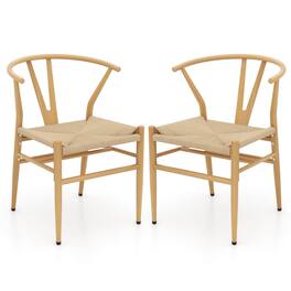 Costway - Modern Dining Chair Set of 2 Weave Kitchen Armchairs with Y-Shaped Curved Backrest - Natural