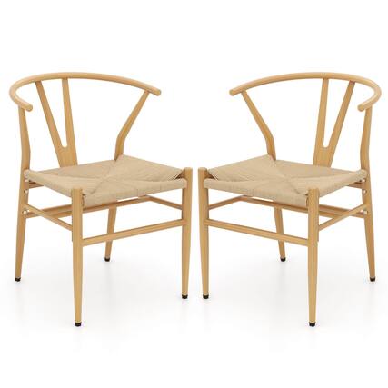 Front. Costway - Costway Modern Dining Chair Set of 2 Weave Kitchen Armchairs with Y-Shaped Curved Backrest - Natural.
