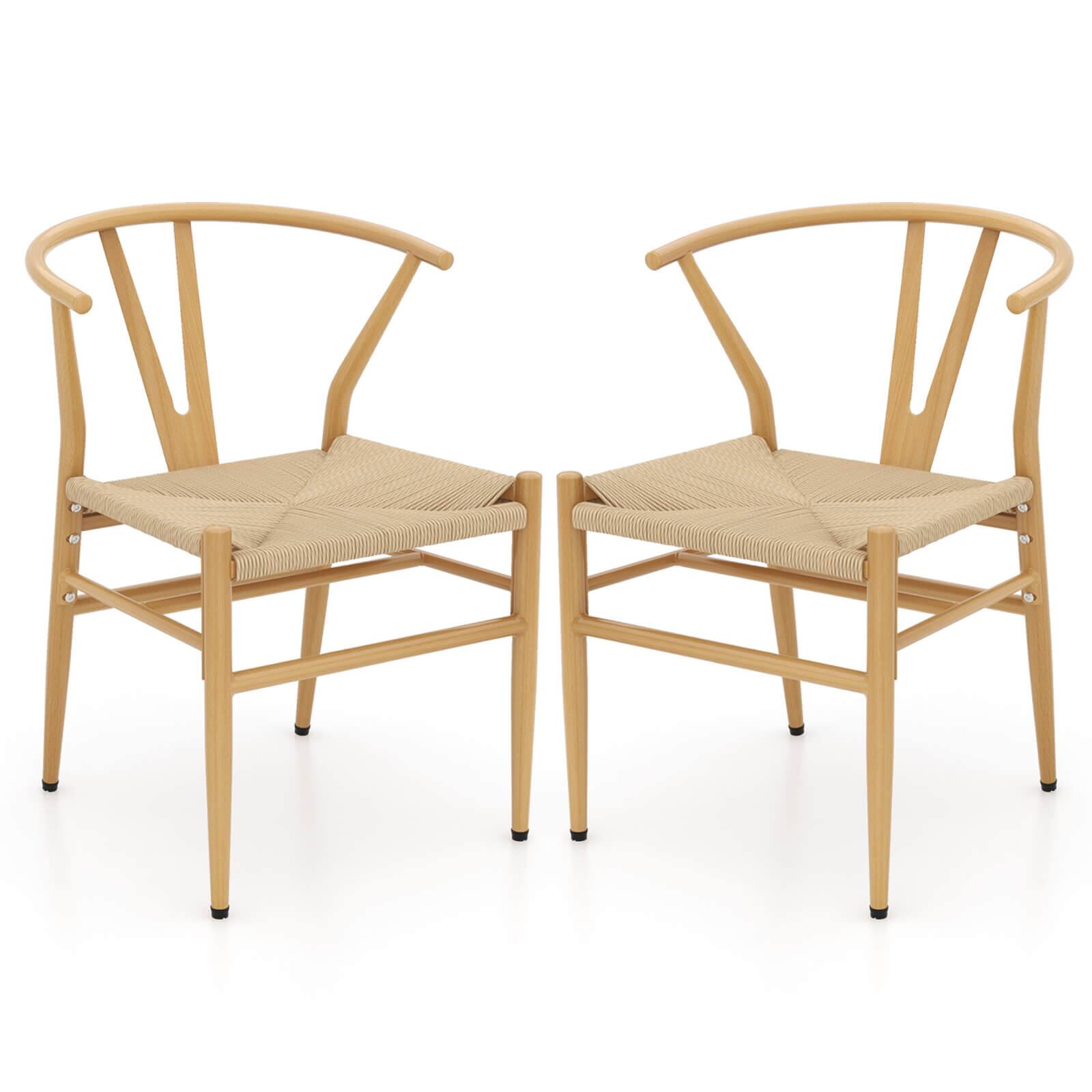 Front. Costway - Costway Modern Dining Chair Set of 2 Weave Kitchen Armchairs with Y-Shaped Curved Backrest - Natural.