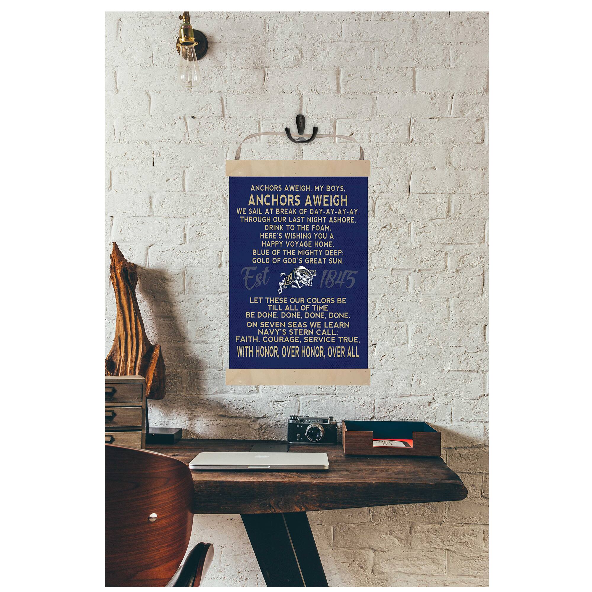 ANCHORS AWEIGH, MY BOYS.  
ANCHORS AWEIGH WE SAIL AT BREAK OF DAY-AY-AY-AY.  
THROUGH OUR LAST NIGHT ASHORE.  
DRINK TO THE FOAM, HERE'S WISHING YOU A HAPPY VOYAGE HOME.  
BLUE OF THE MIGHTY DEEP: GOLD OF GOD'S GREAT SUN.  
Est 1845  
LET THESE OUR COLORS BE TILL ALL OF TIME BE DONE. DONE. DONE. DONE.  
ON SEVEN SEAS WE LEARN NAVY'S STERN CALL:  
FAITH. COURAGE. SERVICE TRUE.  
WITH HONOR, OVER HONOR OVER ALL