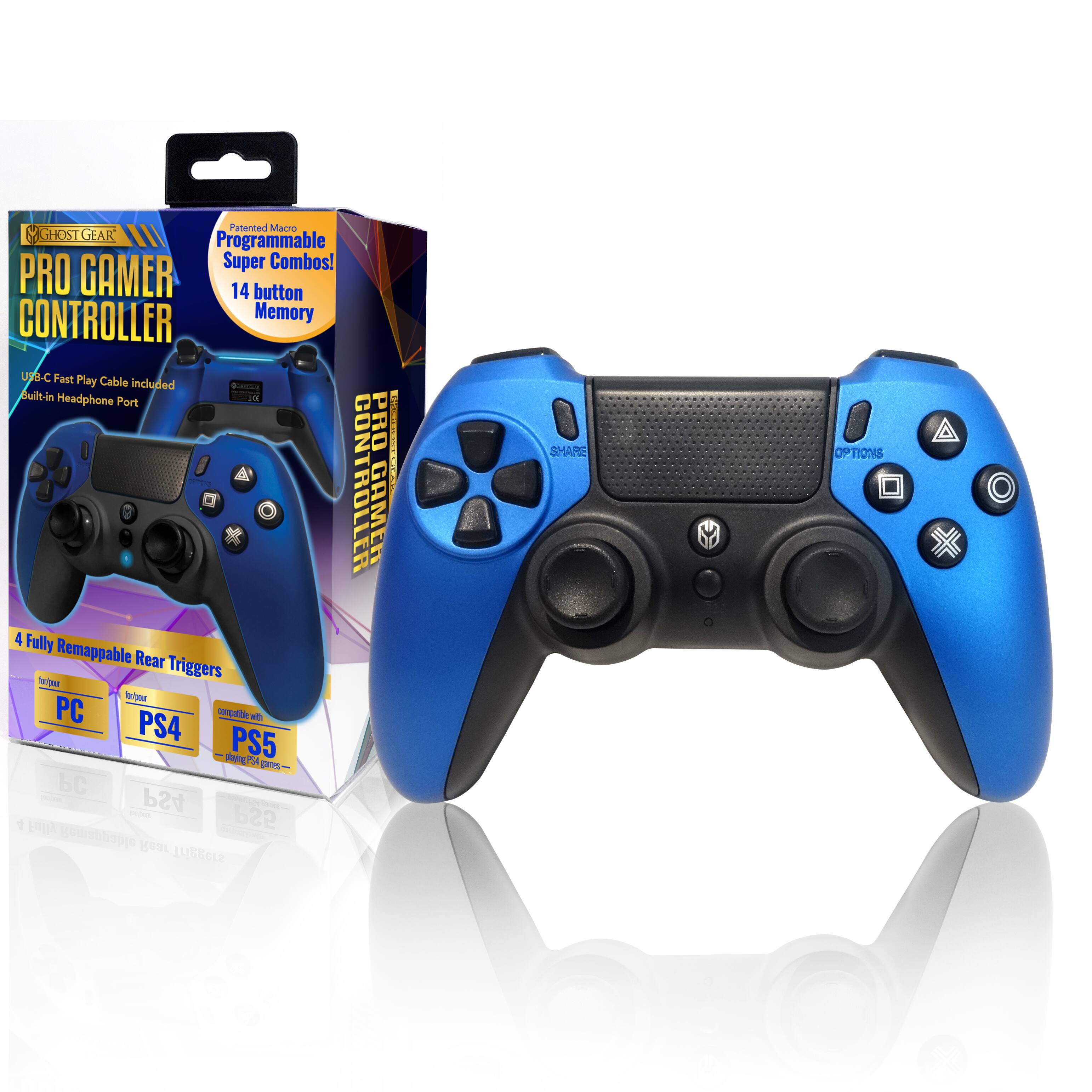 **Ghost Gear Pro Gamer Controller**

- Patented Macro Programmable Super Combos!
- 14 button Memory
- USB-C Fast Play Cable included
- Built-in Headphone Port
- 4 Fully Remappable Rear Triggers
- Compatible with PC, PS4, PS5

**Features:**
- USB-C Fast Play Cable included
- Built-in Headphone Port
- 4 Fully Remappable Rear Triggers
- Compatible with PC, PS4, PS5

**Controller Layout:**
- Left Analog Stick
- Right Analog Stick
- D-pad
- Action Buttons (Triangle, Circle, Cross, Square)
- Share Button
- Options Button
- L1, L2, R1, R2 Buttons
- L3, R3 Buttons
- PS Button

**Compatibility:**
- PC
- PS4
- PS5