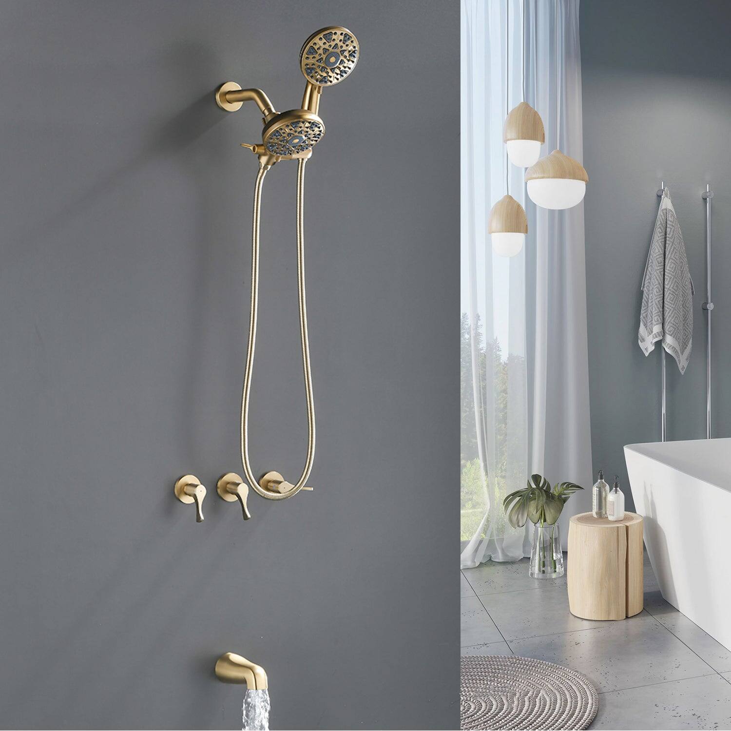 Alt View 4. Boyel Living - Brushed Gold Shower Set with Triple Handle Control 6 Function Dual Shower Heads and High Flow Tub Spout - Brushed Gold.