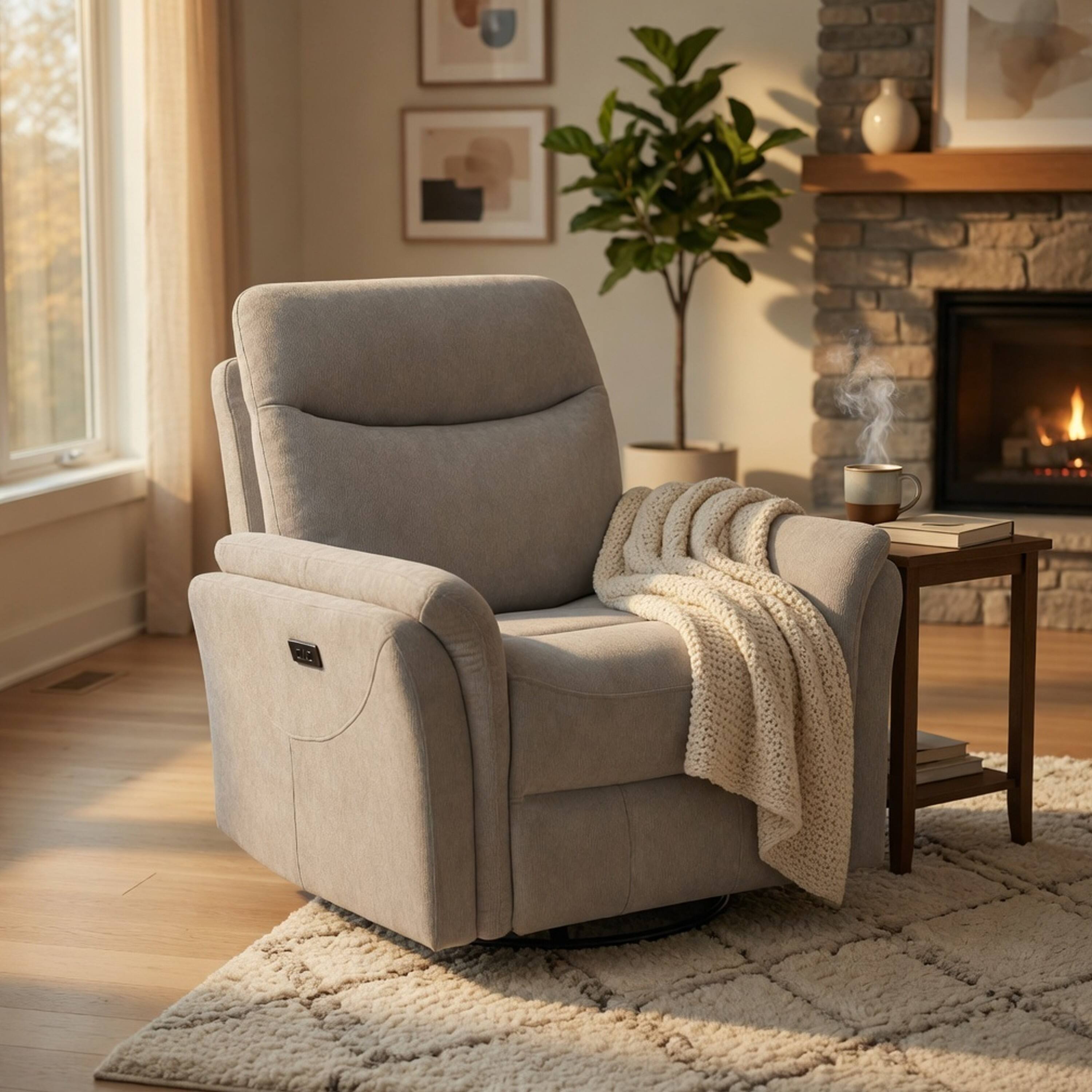 Alt View 4. Manhattan Lane - Asley Swivel Power Glider Recliner Chair with USB Ports, Ivory Fabric - Ivory, Black.