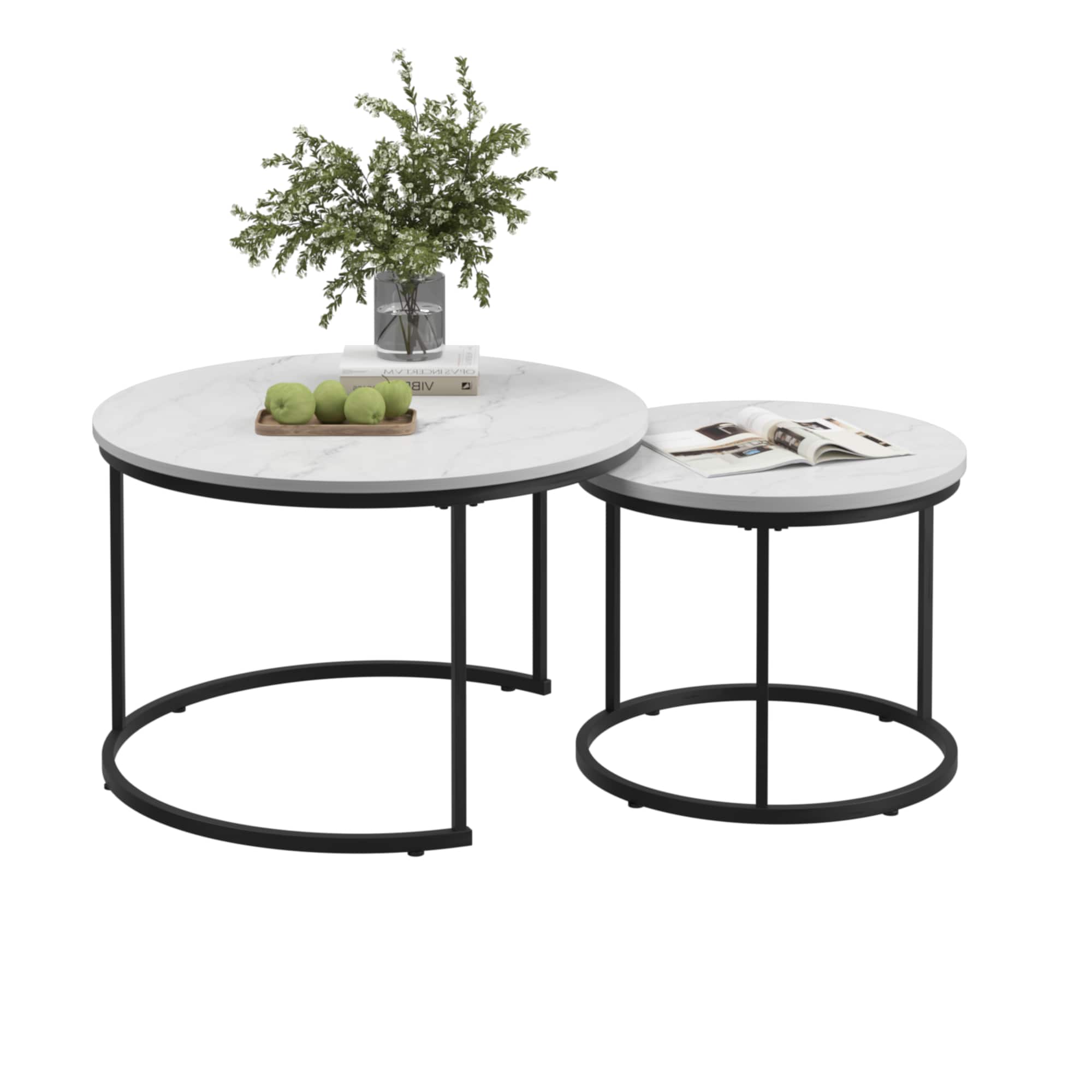 Ecooso - Nesting Coffee Table Set of 2, Round Coffee Table Wood Marble Pattern Top with Sturdy Metal Frame, End Table Side Tables - White