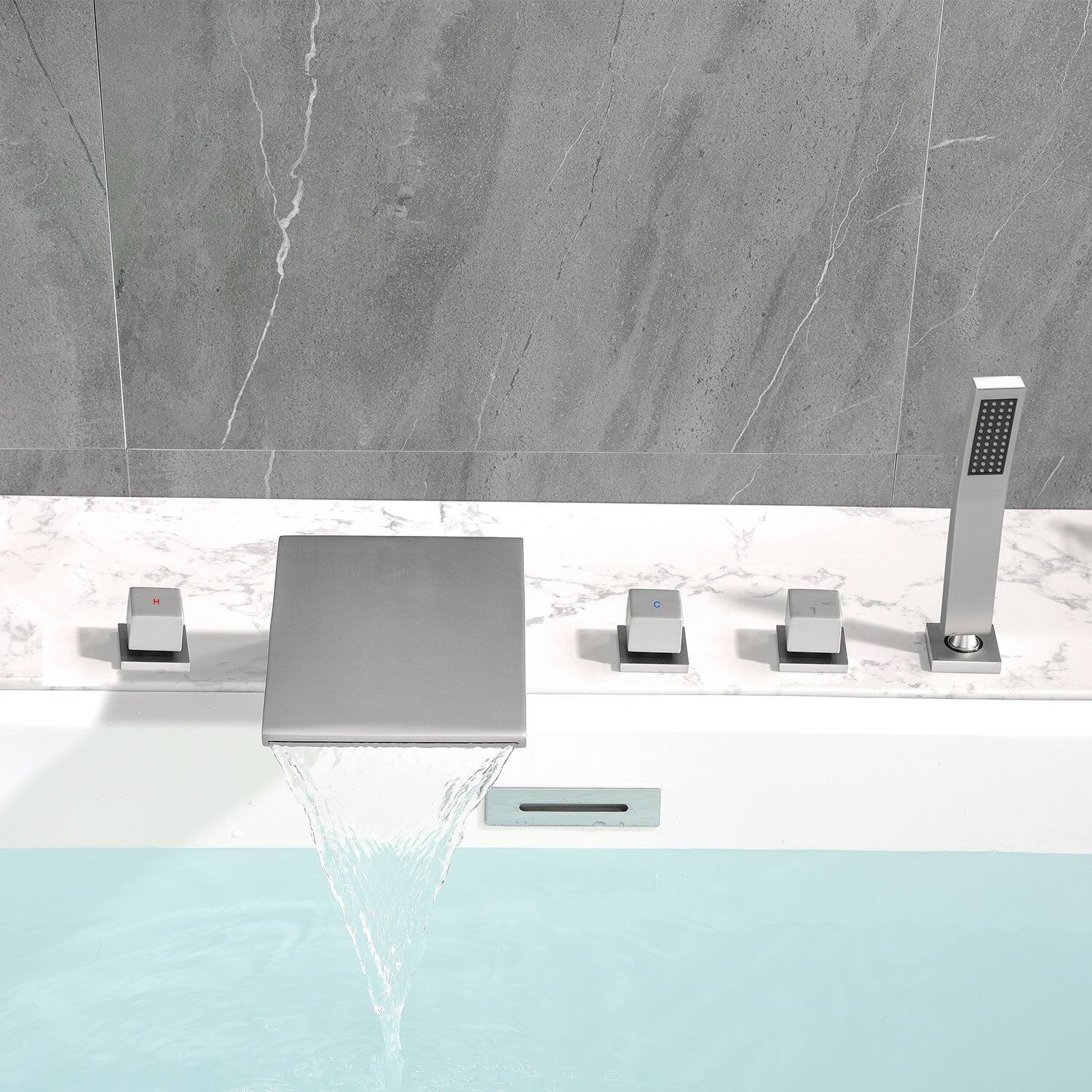 Alt View 4. Boyel Living - 7 in.W Brushed Nickel Bathtub Hot and Cold Water Faucet with Handheld Shower and Waterfall Outlet 5-Hole - Brushed Nickel.