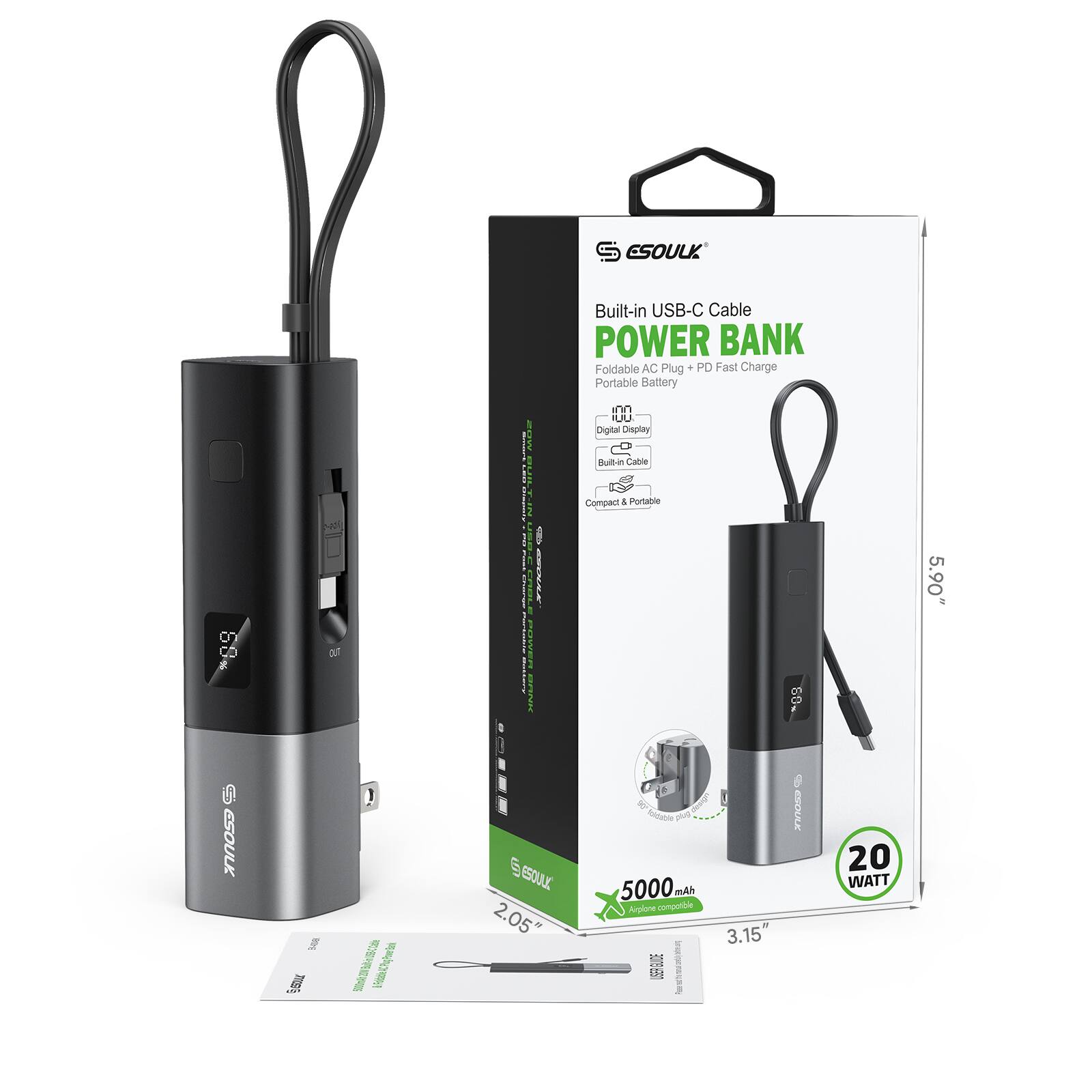 ESOULK Built-in USB-C Cable POWER BANK Foldable AC Plug + PD Fast Charge Portable Battery M inn IUU Digital Display Built-in Cable Compact & Portable 1 Portable a CD a al 00 I Darszaee 09 5.90"  ESOULK I  Pawi E ESOULK 2.05" ser Iene plus 5000 mAh Applone companble  3.15" 6 ESOUALK 20 WATT