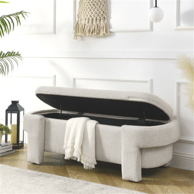 Angle. HTUTWOO - Linen Fabric Upholstered Bench for Entryway & Bedroom - Large Storage Space Ottoman Bench - 51.5'' x 20.5'' x 17'' - White.