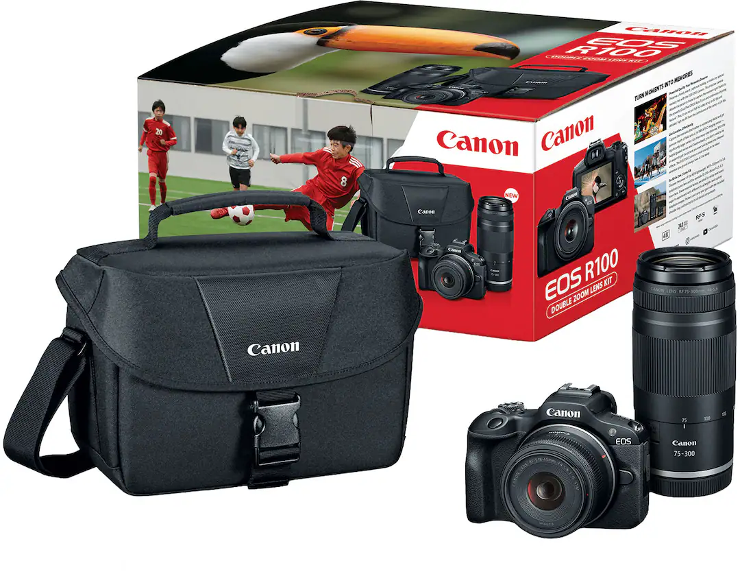 Canon - EOS R100 4K Video Mirrorless Camera Double Zoom Lens Kit with RF-S18-45mm and RF75-300mm Lenses - Black