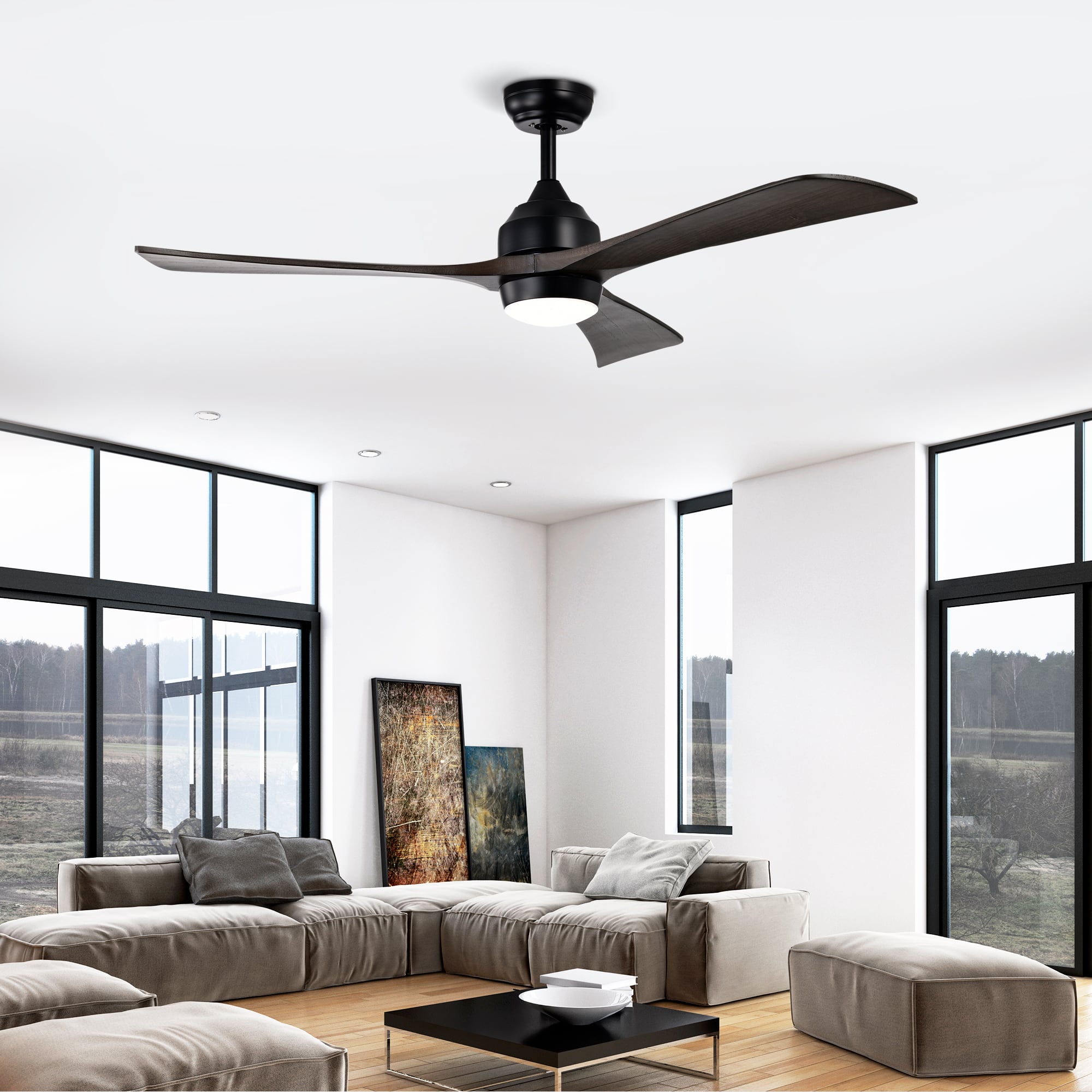 Akoasm - 52" Solid Wood Ceiling Fan with Light & Remote, Quiet DC Motor, 6 Speeds, Reversible for Bedroom/Living Room