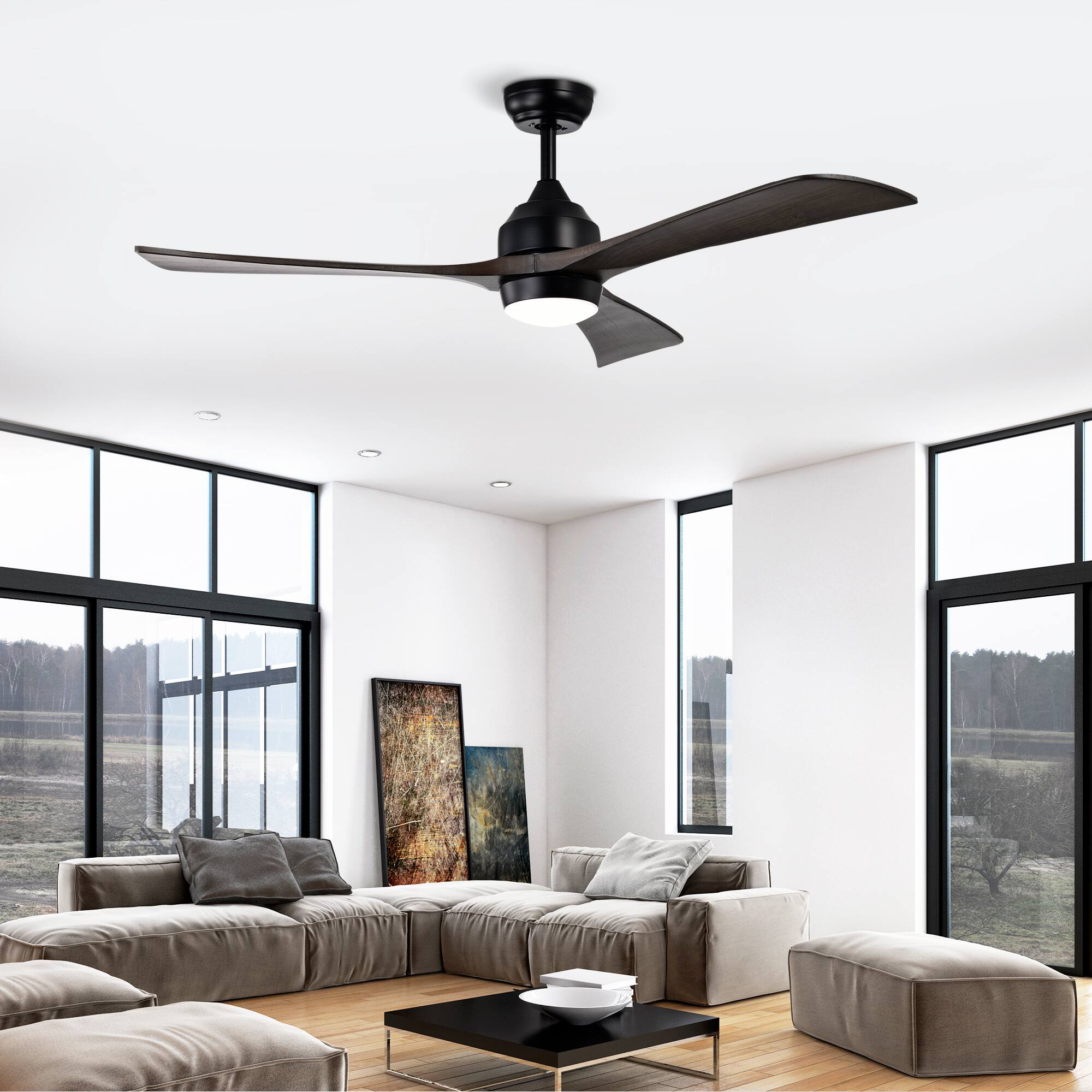 Front. Akoasm - 52" Solid Wood Ceiling Fan with Light & Remote, Quiet DC Motor, 6 Speeds, Reversible for Bedroom/Living Room.
