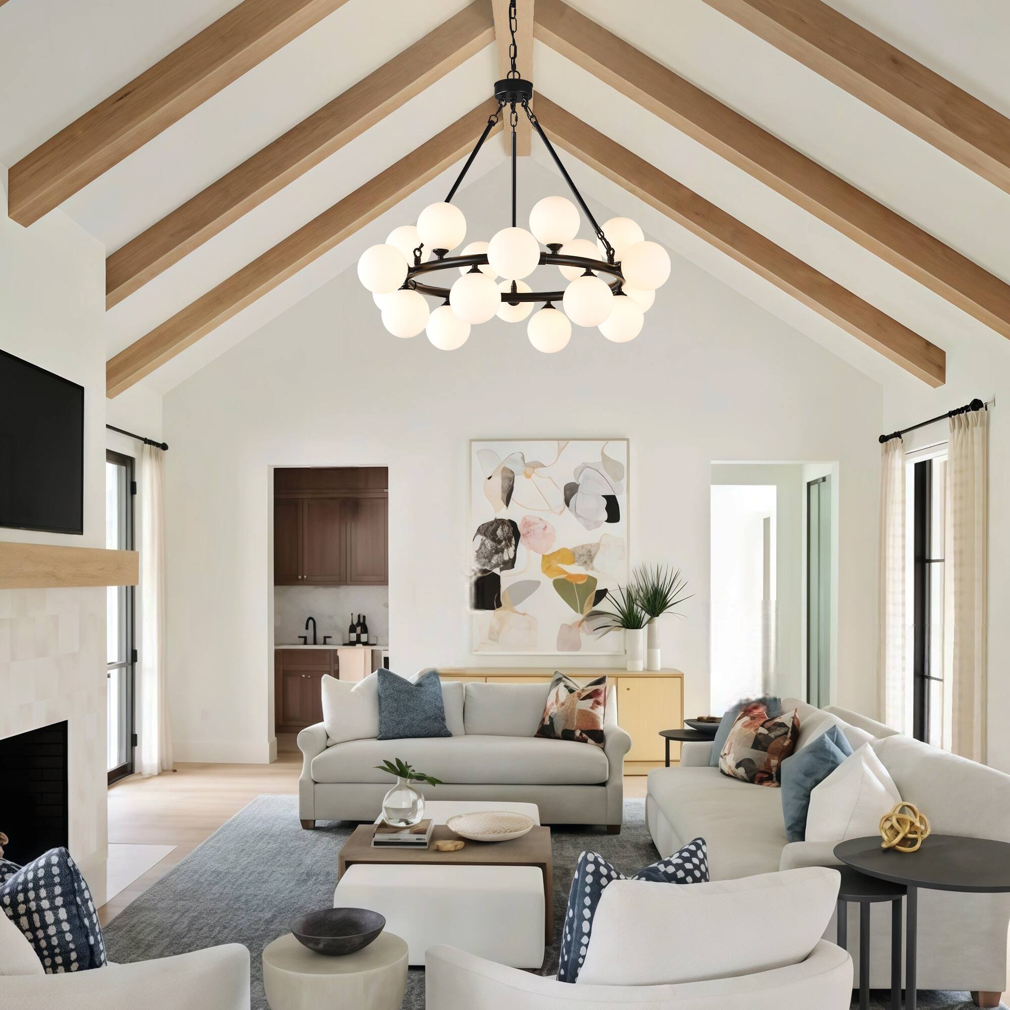 Angle. RYHNUYNE - 31.97" Black Wagon Wheel Chandelier with 18 Milky White Glass Globes, Modern Farmhouse Pendant Light for Dining Room.