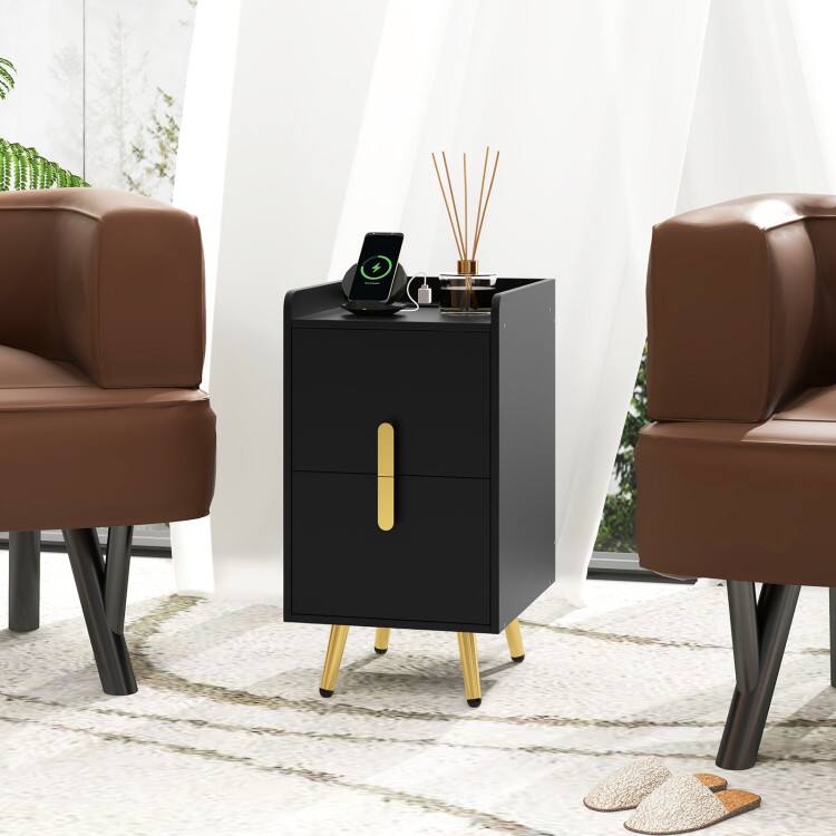 Left. SlickBlue - 2-Drawer Bedside Table with 2 USB Ports – Nightstand for Home or Guest Room - Black.