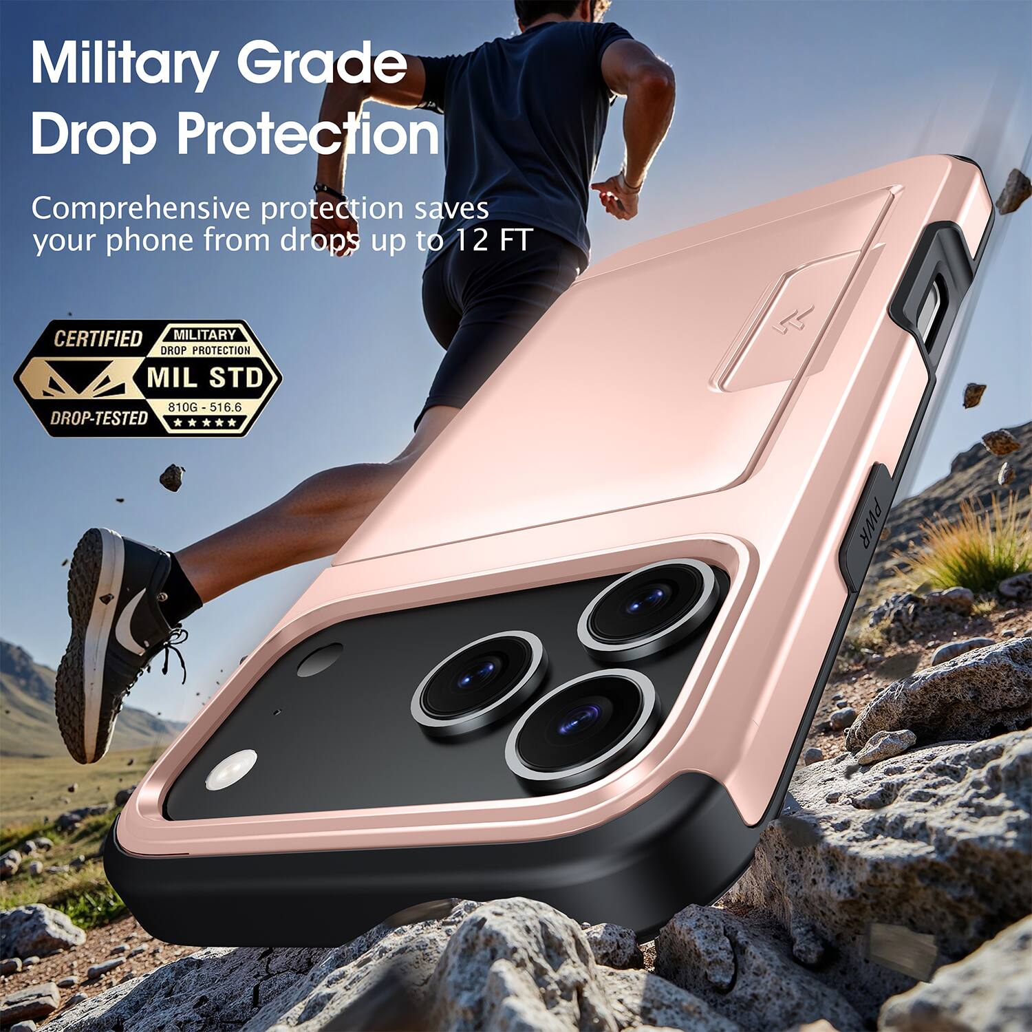 Military Grade Drop Protection  
Comprehensive protection saves your phone from drops up to 12 FT  

CERTIFIED MILITARY DROP PROTECTION  
MIL STD 810G-516.6 DROP-TESTED