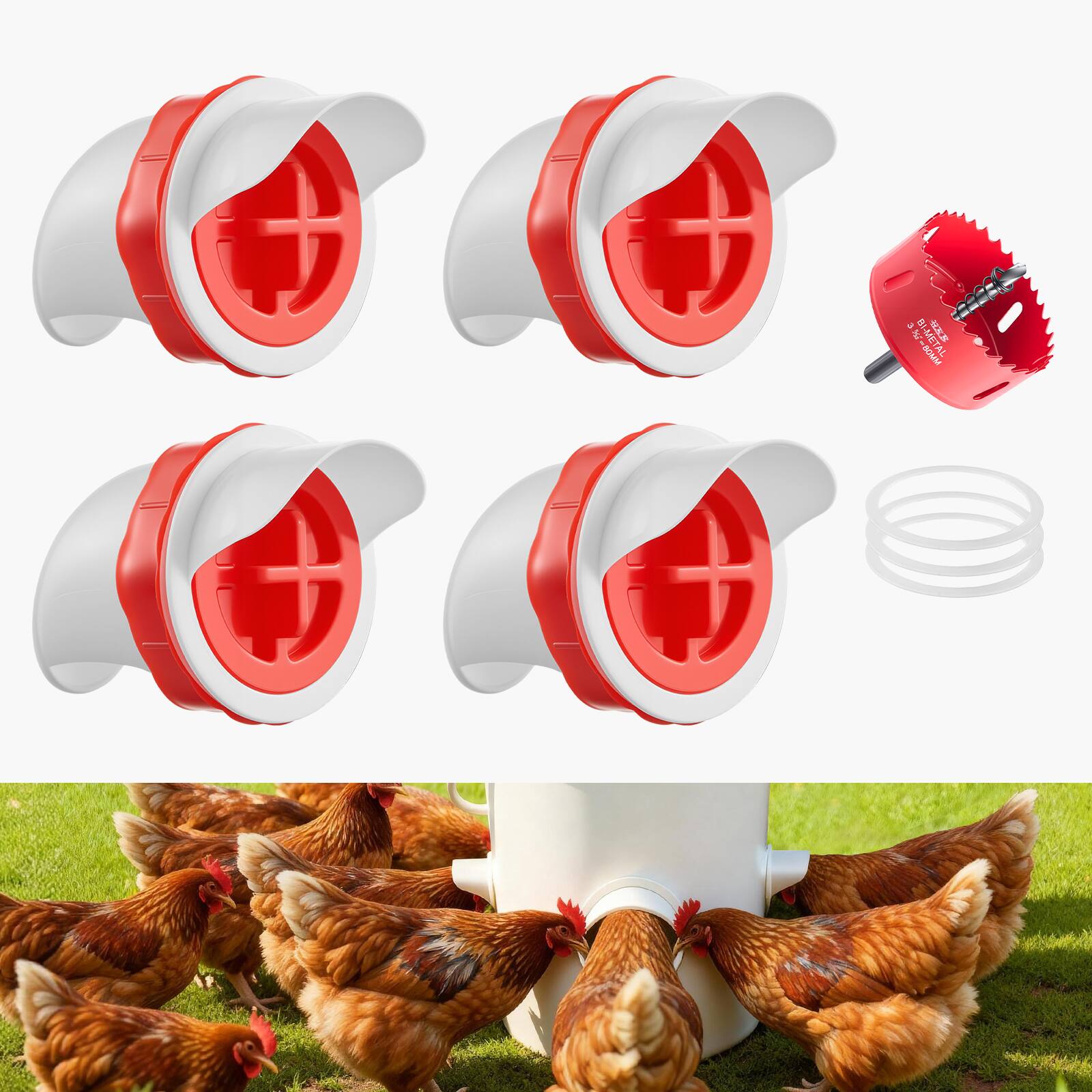 VEVOR - DIY Chicken Feeder, 4 Feed Ports, Rain Proof Poultry Feeder with Cover, No Waste, Automatic Gravity Feed Kit - White + Red