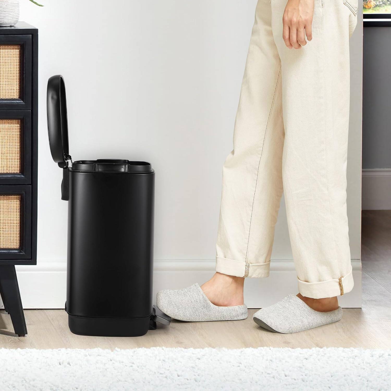 Left. Jojoka - Smudge Resistant Rectangular Trash Can Black T8 12 Liter Stainless Steel Fingerprint Resistant Surface - Black.