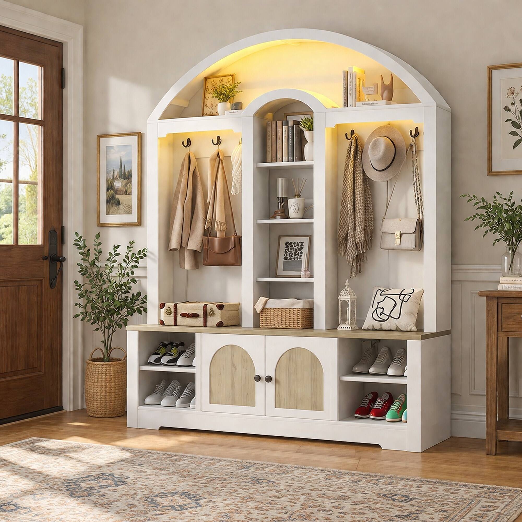 RYHNUYNE Curved Hall Tree Wardrobe, MDF Entryway Storage Cabinet, 59 in ...