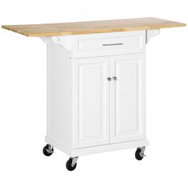 Homcom - Kitchen Island with Drop Leaf Trolley Cart on Wheels Drawer Cabinet Towel Racks Versatile Use Natural Wood Top - White