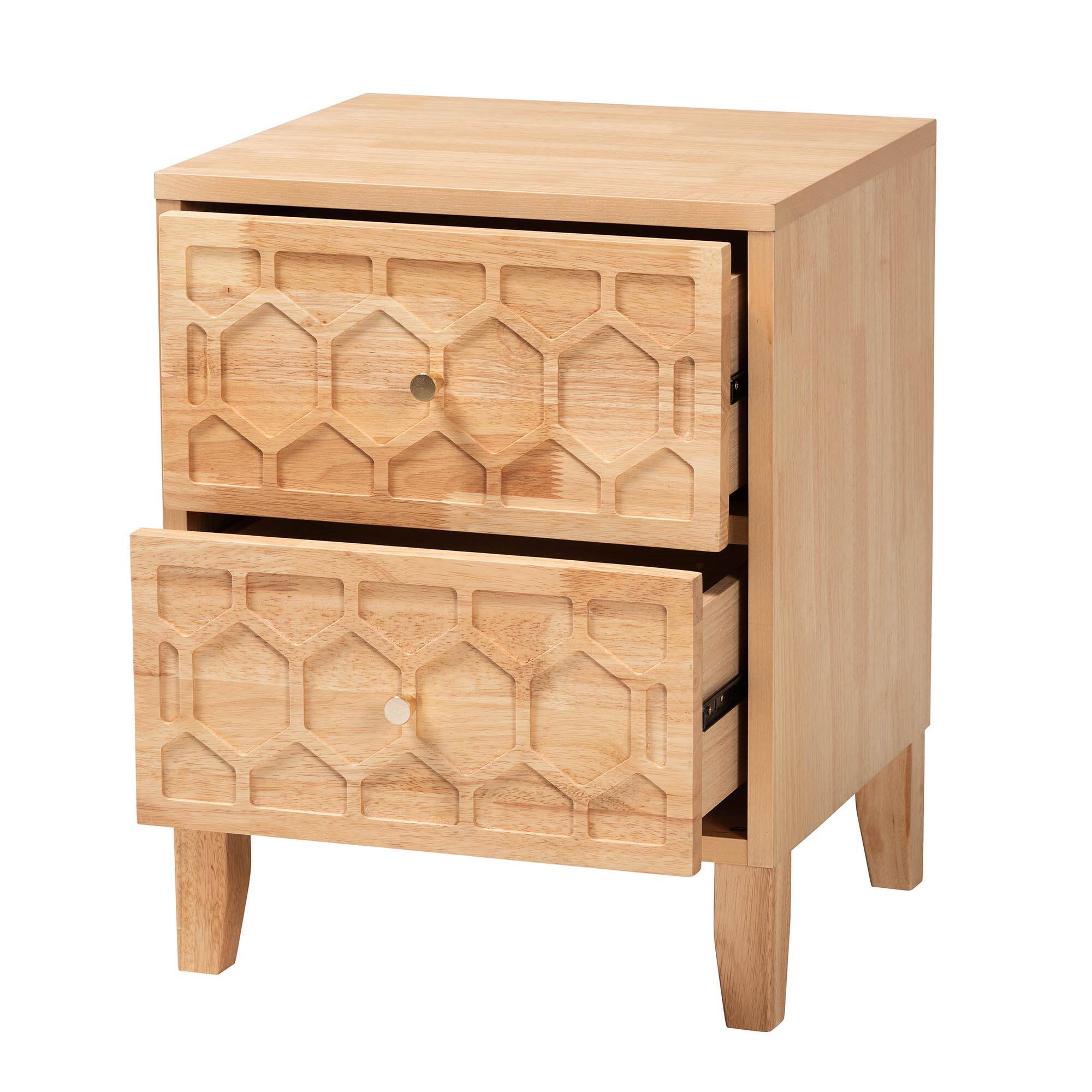 Angle. Baxton Studio - Hosea Japandi Carved Honeycomb Natural 2-Drawer Nightstand - Natural.