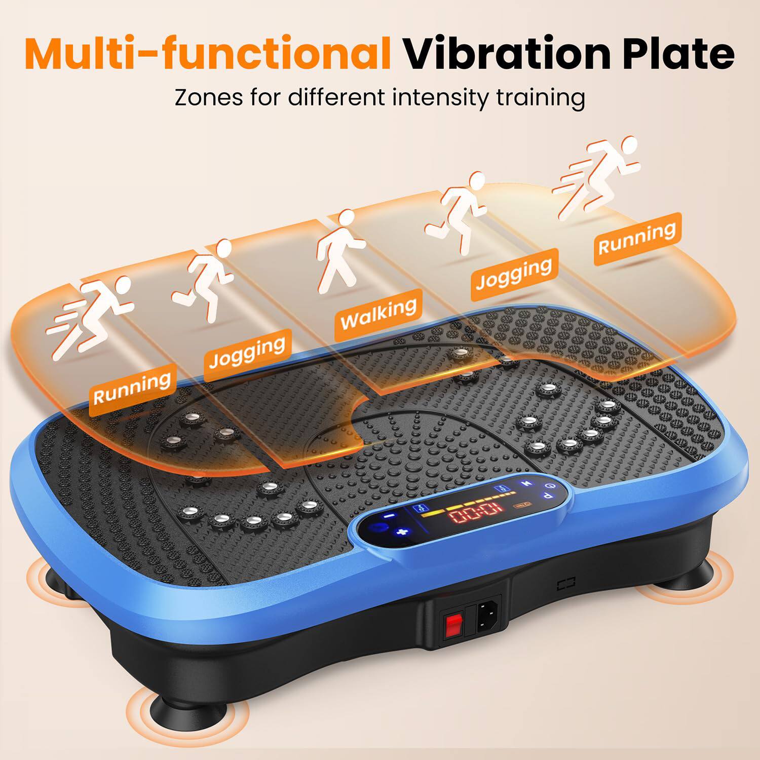 Multi-functional Vibration Plate  
Zones for different intensity training  

Running  
Jogging  
Walking  
Jogging  
Running