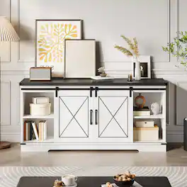 Qeetex - 59" Farmhouse TV Stand for 65 Inch TVs, Sliding Barn Doors, Storage Cabinets & Adjustable Shelf - White & Black