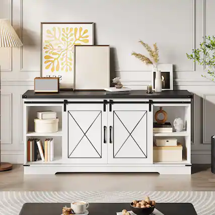 Front. Qeetex - 59" Farmhouse TV Stand for 65 Inch TVs, Sliding Barn Doors, Storage Cabinets & Adjustable Shelf - White & Black.
