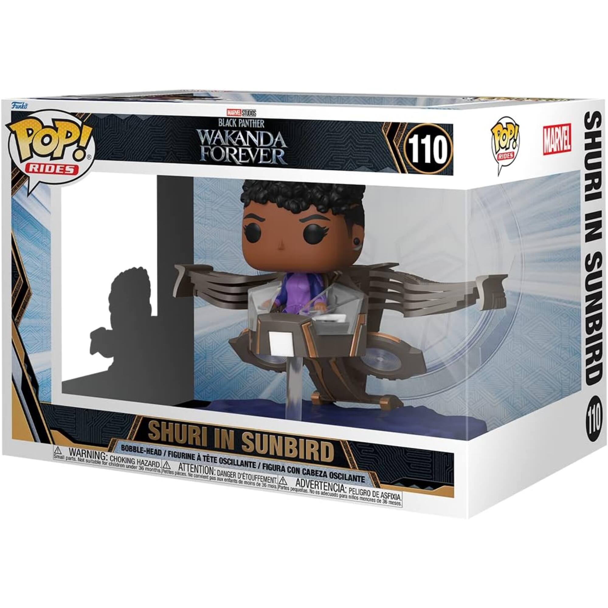 Funko POP! Rides 110 Black Panther Wakanda Forever Shuri in Sunbird

Warning: Choking Hazard - Small parts. Not for children under 3 years.

Attention: Danger de suffocation - Petite pièce. Ne convient pas aux enfants de moins de 3 ans.

Advertencia: Peligro de asfixia - Pieza pequeña. No es adecuada para menores de 3 años.