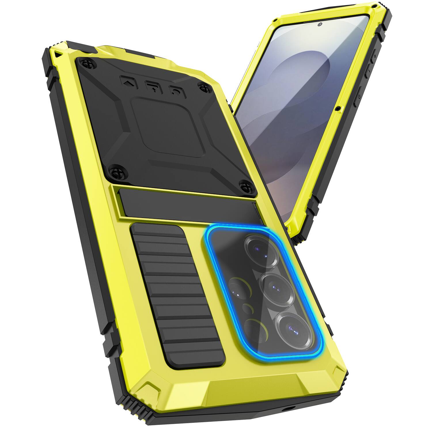 Angle. Dteck - For Samsung Galaxy S26 Ultra Case Outdoor Sports Kickstand Rugged Heavy Duty Full Body Cover Built in Screen Protector - Yellow.