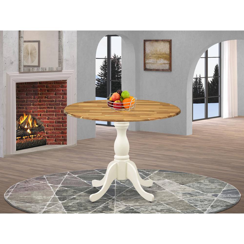 Angle. East West Furniture - East West Furniture Dining Room Table with Drop Leaves - Natural Table Top and Linen White Pedestal Leg Finish - Multi-Color.