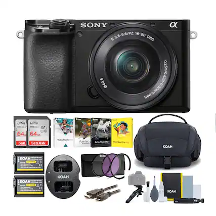 The image showcases a Sony camera and its accessories. The camera is positioned in the center of the image, surrounded by various items such as a bag, memory cards, a lens, and a strap. The memory cards are placed around the camera, with one on the left side, another on the right side, and a third one slightly above the camera. The bag is located on the right side of the image, while the lens is placed below the camera. The strap is also present, positioned below the camera and slightly to the right. The arrangement of these items highlights the different components that come with the Sony camera and its accessories.