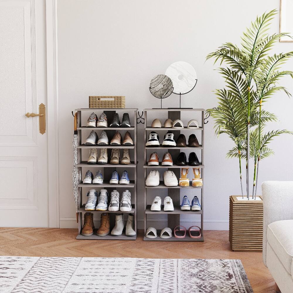 Alt View 3. Loheer - Loheer 7 tier vertical shoe rack with side hooks rustic gray - Rustic Gray.