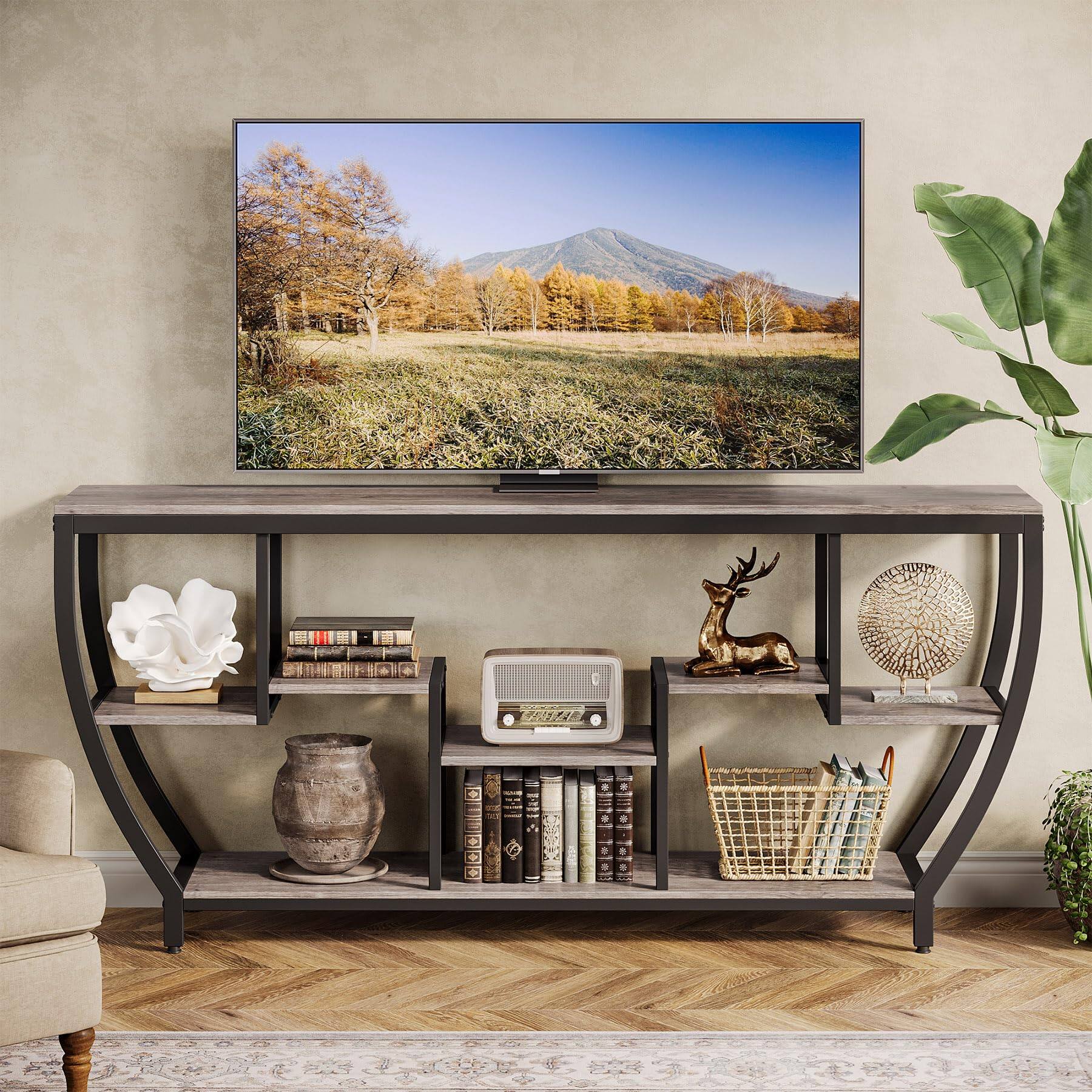 Angle. Tribesigns - 70.9-Inch Industrial TV Stand with Staggered Open Shelves and Metal Frame for TVs up to 80 Inches - Grey.