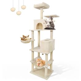 Gymax - 80'' Tall Cat Tree w/2 Condos Sisal Scratching Posts Plush Perch Hammock Basket Beige