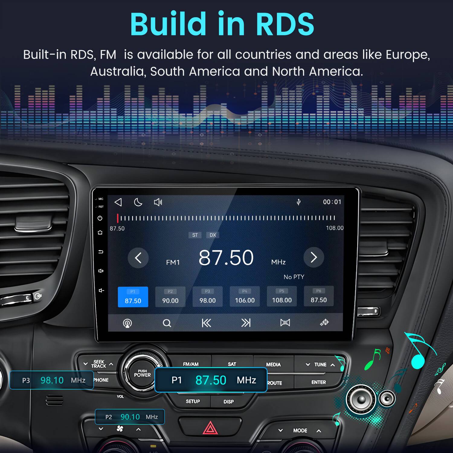 Build in RDS  
Built-in RDS, FM is available for all countries and areas like Europe, Australia, South America and North America.