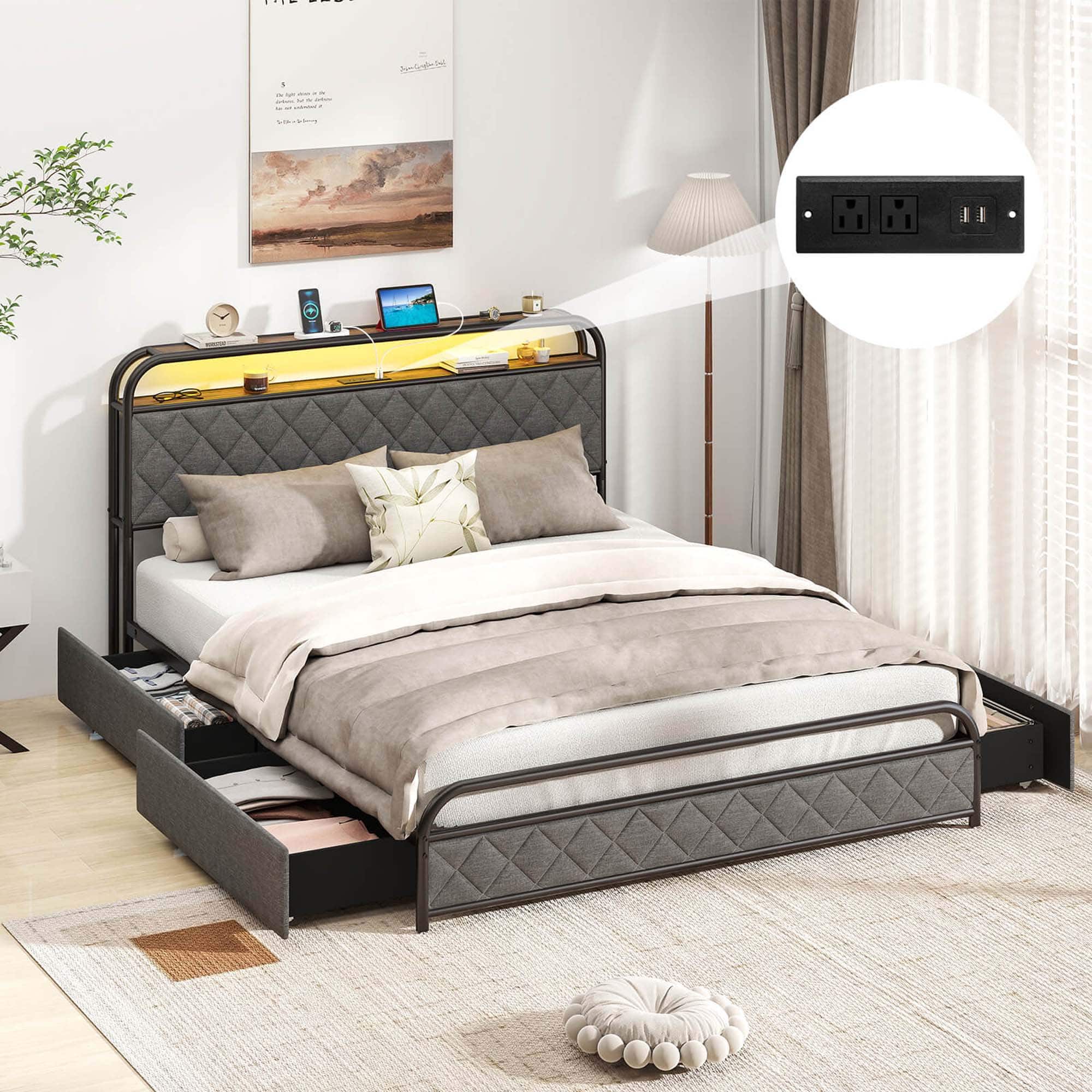The text on the image is: "The bed is a platform bed with a black metal frame and a white comforter. It has a headboard and a footboard. The bed is made with a white comforter and a grey pillow. There is a lamp on the nightstand next to the bed. The bed is in a bedroom with a window. The bed is a platform bed with a black metal frame and a white comforter. It has a headboard and a footboard. The bed is made with a white comforter and a grey pillow. There is a lamp on the nightstand next to the bed. The bed is in a bedroom with a window."