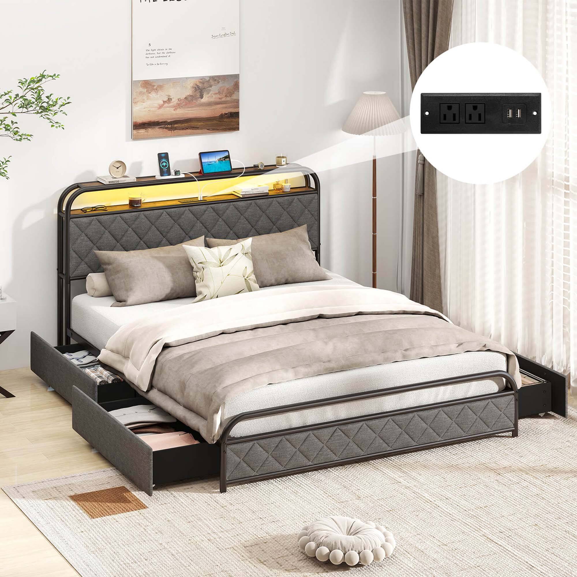 The text on the image is: "The bed is a platform bed with a black metal frame and a white comforter. It has a headboard and a footboard. The bed is made with a white comforter and a grey pillow. There is a lamp on the nightstand next to the bed. The bed is in a bedroom with a window. The bed is a platform bed with a black metal frame and a white comforter. It has a headboard and a footboard. The bed is made with a white comforter and a grey pillow. There is a lamp on the nightstand next to the bed. The bed is in a bedroom with a window."