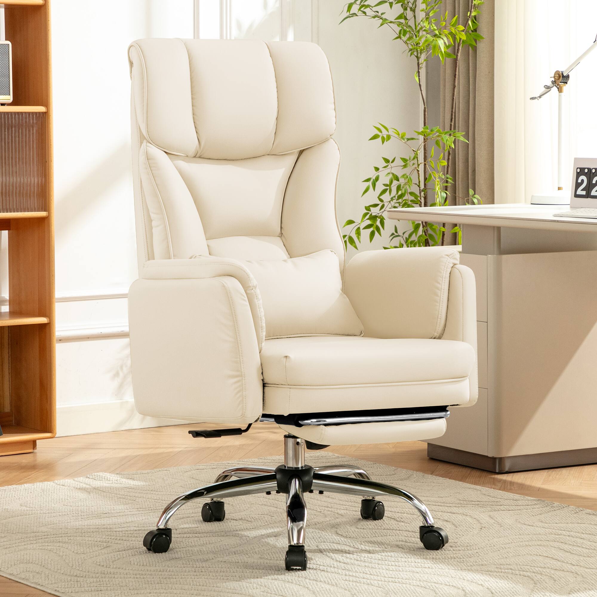 Angle. KERDOM - Ergonomic Big Office Leather Chair with Expandable Arms, Reclining Cross Legged Chair with Footrest Wide Seat for Gaming - White.