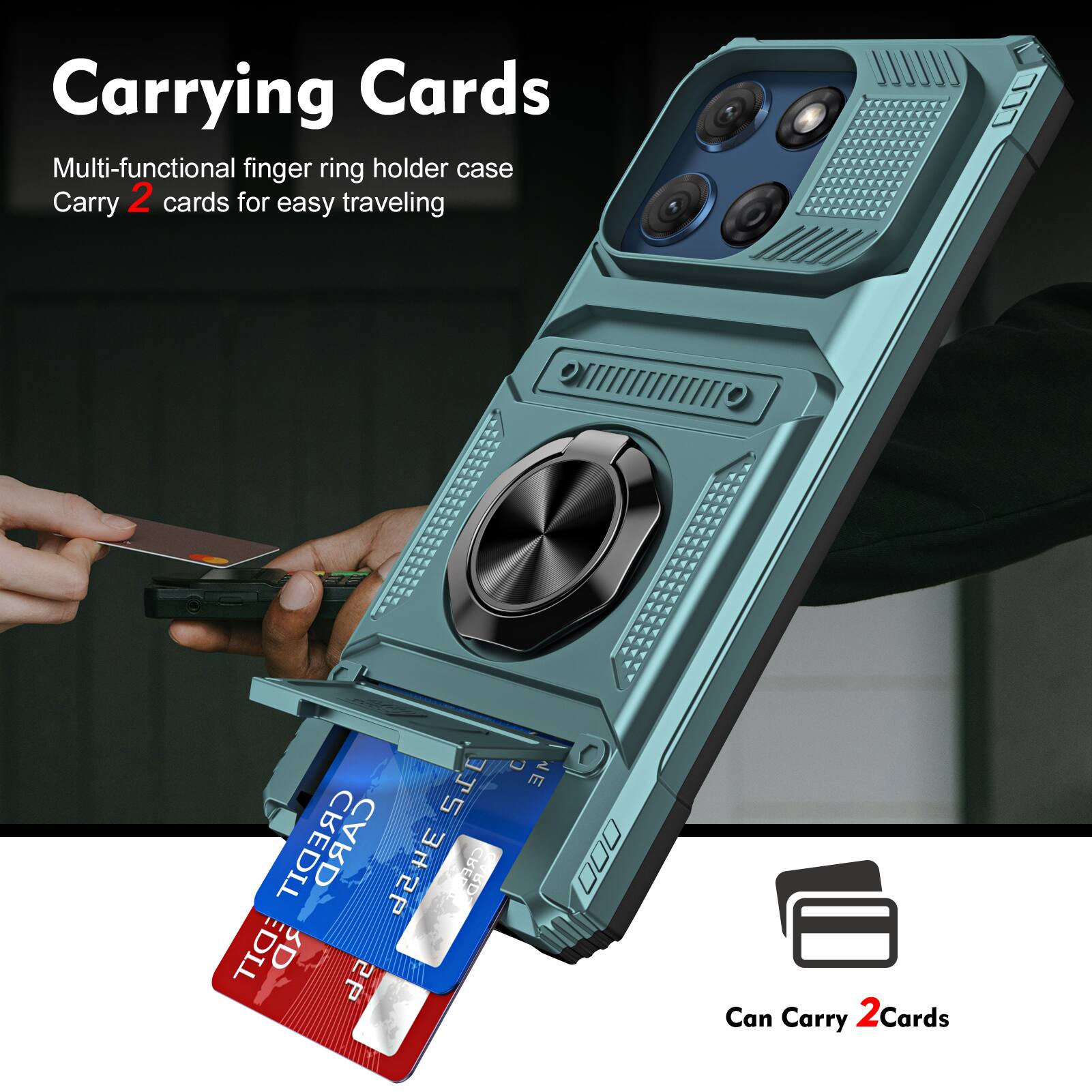 Carrying Cards

Multi-functional finger ring holder case
Carry 2 cards for easy traveling

Can Carry 2 Cards