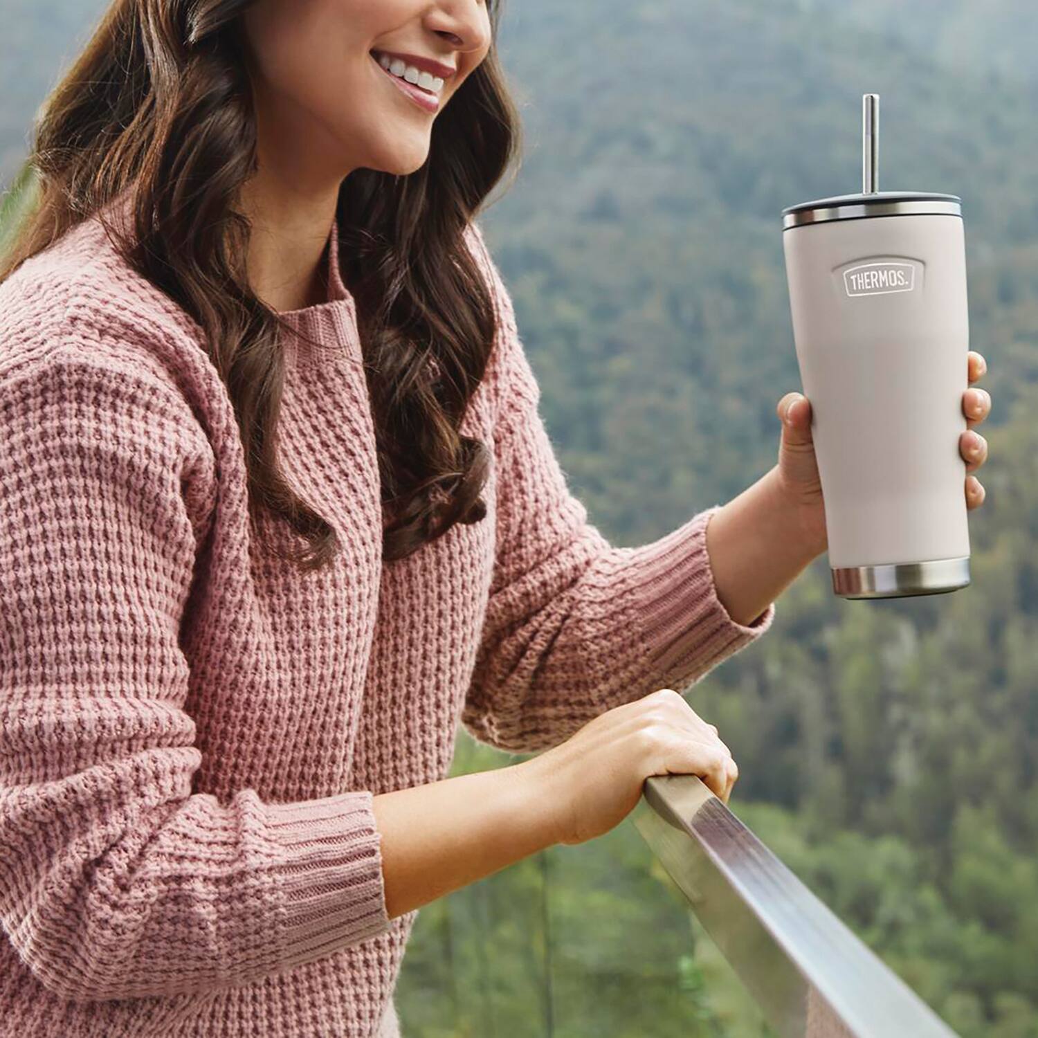 Left. Thermos - Thermos 24 oz. Icon Cold Tumbler w/ Straw - Sandstone - Sandstone.