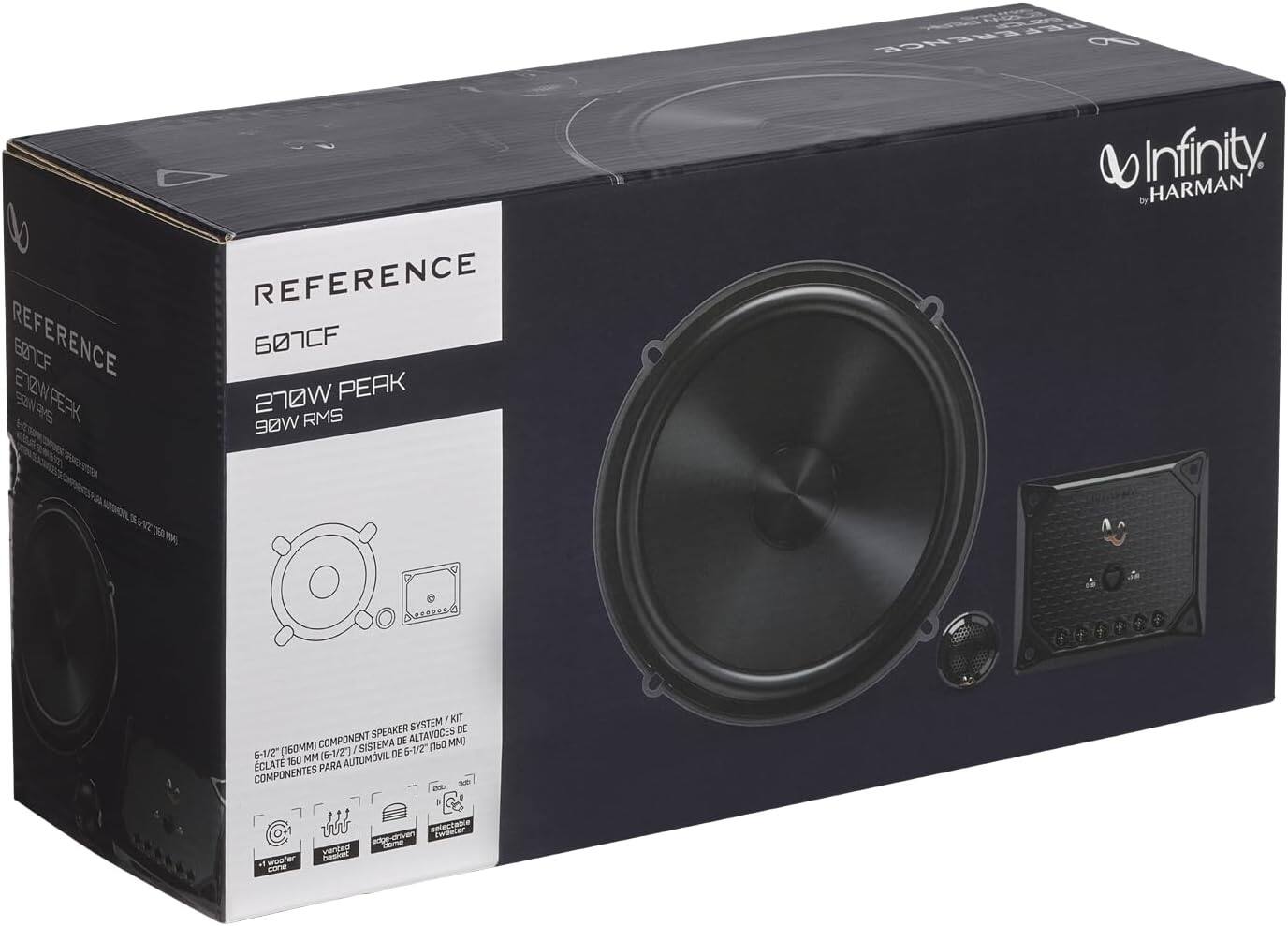 **REFERENCE**  
607CF  
270W PEAK  
90W RMS  

**Infinity by HARMAN**  

**6-1/2" (160MM) COMPONENT SPEAKER SYSTEM**  
**SISTEMA DE ALTAVOCES COMPONENTE DE 6-1/2" (160MM)**  

**E-12" (160MM) COMPONENT SPEAKER SYSTEM**  
**SISTEMA DE ALTAVOCES COMPONENTE DE 6-1/2" (160MM)**  

**COMPONENTES PARA AUTOMÓVIL DE 6-1/2" (160MM)**  

**ITEM / KIT**  
**VOICES DE 160 MM**  

**1 woofer cone**  
**1 tweeter**  
**1 crossover**  
**1 grille**  

**ELECTRODYNAMICS**  
**ELECTRODINÁMICOS**  

**WATERPROOF**  
**RESISTENTE AL AGUA**  

**E-12" (160MM) COMPONENT SPEAKER SYSTEM**  
**SISTEMA DE ALTAVOCES COMPONENTE DE 6-1/2